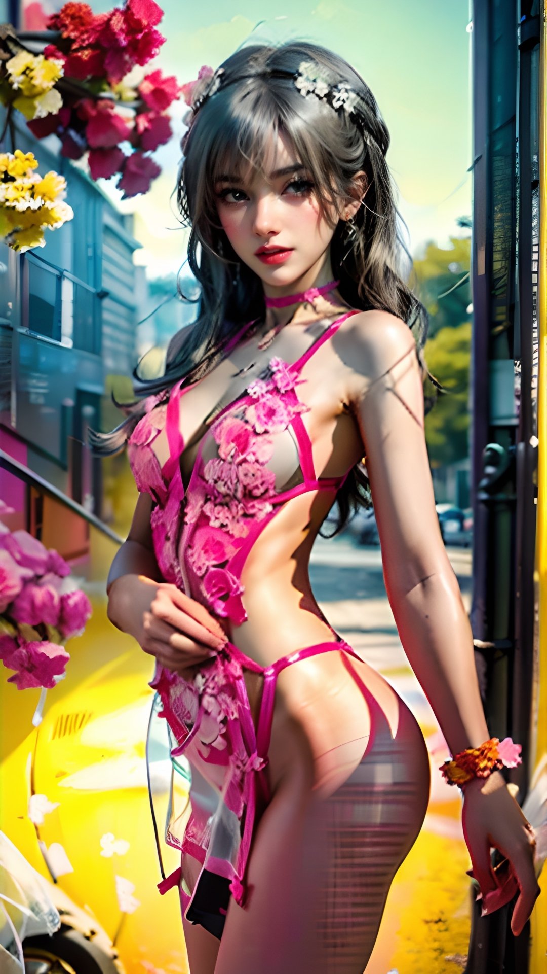 dress opening revealing hentai lingerie sex front view , Autumn style, pink and yellow flowers blooming, depth of field, Pink flowers and lighting bokeh as background, pink and white Boss dress , 1girl, (chinese naughty beauty:1) snow-white delicate skin, long light brown curly hair, and a silver hairpin on her head. The eyes are a deep brown color big and charming, wearing pink and white long Boss dress, and long scaf, choker around the neck, full of mysterious stories. With pale pink lips, smiling and loughing, charming and cute. FilmGirl, xxmix_girl, detailed eyes, perfect eyes, mouth small,  3d style, light bokeh backgroud,3d style,isni,Movie Still,3d,3d render,dream_girl ,blurry_light_background,,girl,see-through,