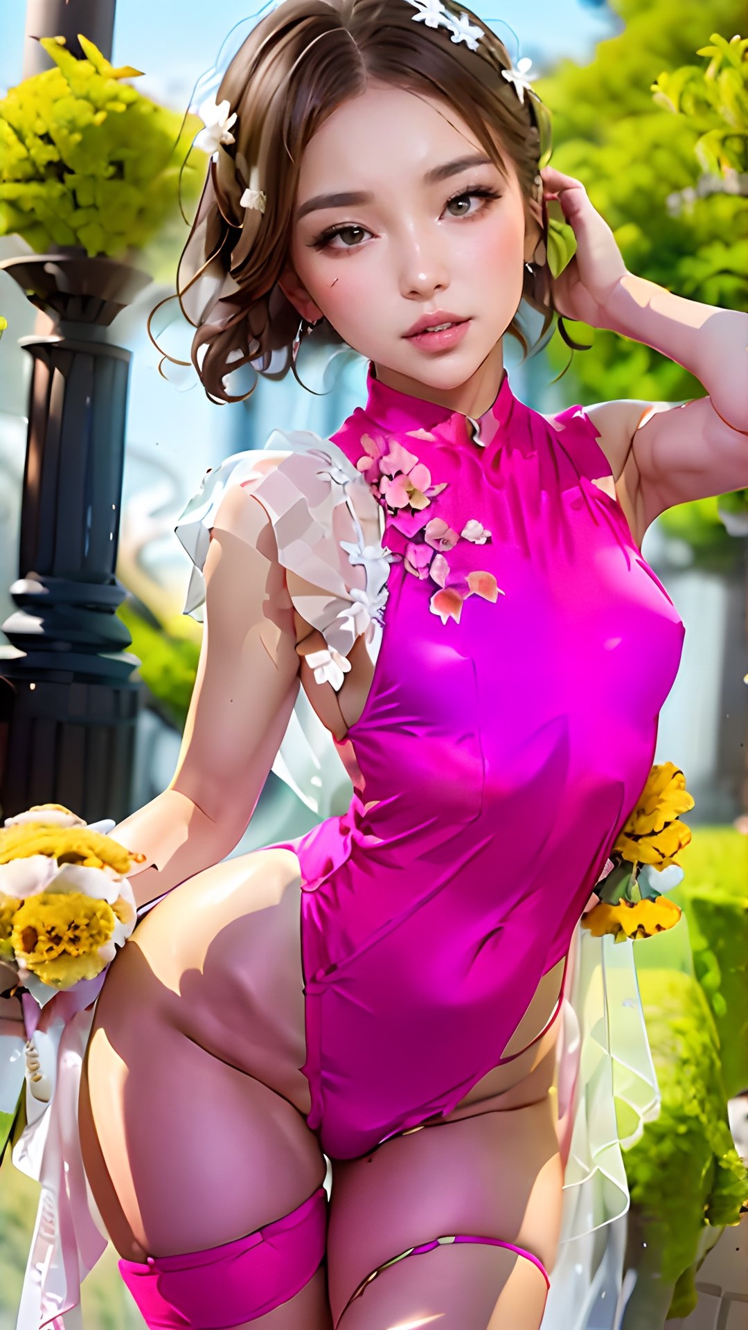 (hentai lingerie:1), sexy front view, pink and yellow flowers blooming, depth of field, Pink flowers and lighting bokeh as background , 1girl, (chinese naughty beauty:1) snow-white delicate skin, long light brown curly hair, and a silver hairpin on her head. The eyes are a deep brown color big and charming, wearing pink and white long Boss dress, choker, full of mysterious stories. With pale pink lips, smiling and loughing, charming and cute. FilmGirl, xxmix_girl, detailed eyes, perfect eyes, mouth small,  3d style, light bokeh backgroud,3d style,isni,Movie Still,3d,3d render,dream_girl ,blurry_light_background,,girl,see-through,