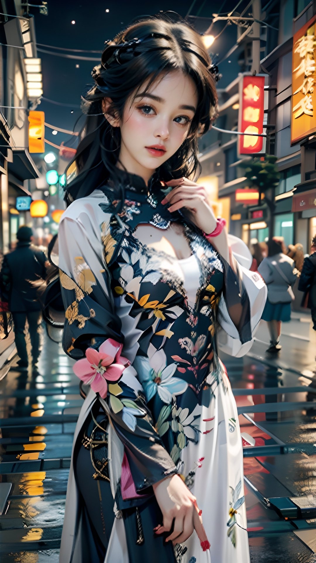 Front view, pink and yellow flowers blooming, depth of field, opening pink and white long Boss dress, (revealing detailed lingerie:1), 1girl, (chinese naughty beauty:1) snow-white delicate skin, long light brown curly hair, and a silver hairpin on her head. The eyes are a deep brown color big and charming, wearing pink and white long Boss dress, and long scaf, choker around the neck, full of mysterious stories. With pale pink lips, smiling and loughing, charming and cute. FilmGirl, xxmix_girl, detailed eyes, perfect eyes, mouth small,  3d style, light bokeh backgroud,3d style,isni,Movie Still,3d,3d render,dream_girl ,blurry_light_background,,girl,see-through,futureaodai,hands on own chest 