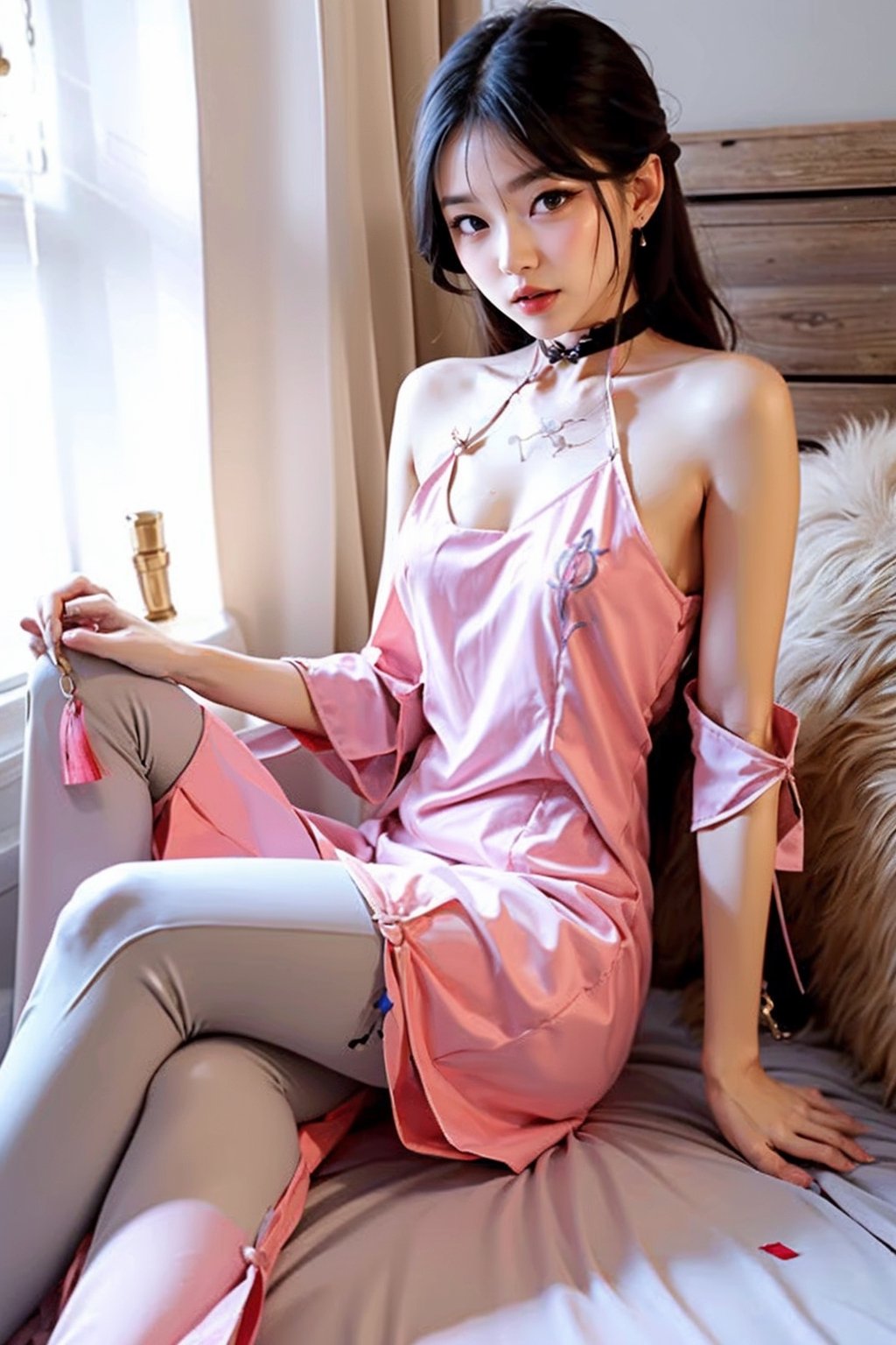 1 chinese girl, high resolution, photorealistic, pink-black hair, long hair, natural soft light, beautiful chinese girl, 30 years old, laying in bed, spread legs, ancient Chinese harness dress, choker, collar, goddess of the love, beautiful eyes,(naughty face), cinematic lighting, looking at viewer, from front, ethereal background, small breast, tiny figure, tiny ass,yuzu,chinatsumura, rose blackpink, handcuffs, restrained, begging, chained, sticking_out_tongue, saliva, drooling