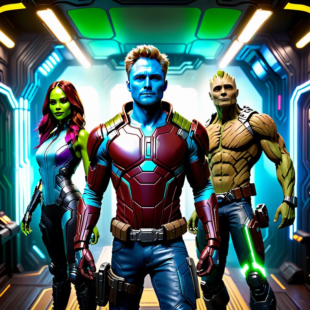 (((Peter Quill, Rocket, Groot, Gamora, Drax) Guardians of the Galaxy))), (((Swapped bodies))), digital_art, beautiful details and colours, happy colours, detailed bodies, sophisticated clothing, front view. High quality, high resolution, cinematic, photo_realistic, hyperealistic, (((highly_detailed, extremely_detailed, ultra_detailed, hyper_detailed, beautiful, aesthetic, HD, UHD, head, hairs, face, ears, beard, eyebrows, eyes, pupils, irides, noise, mouth, lips, teeth, hands, objects, flora, fauna, lights and shadows))), masterpiece, best rendering, top quality), (((enhance details and quality of pixels, textures, polygons))), improves the quality of Lights and Shadows, ((perspective)), ((fullbody)), Sigma 30mm, HDR10+, (extremely clear CG unity 8k,) 8k, Unreal Engine 5, Ray Tracing dlss 3.5, Movie Still, film still, cyberpunk style,cyberpunk