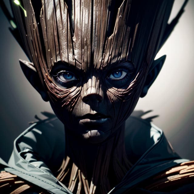 (((dark Groot) Guardians of the Galaxy))), digital_art, realism, beautiful details and colours,  Colors of the dark, detailed bodies features, face focus, eccentric clothing, detailed clothing. High quality, high resolution, cinematic, photo_realistic, hyperealistic, (((highly_detailed, extremely_detailed, ultra_detailed, hyper_detailed, beautiful, aesthetic, HD, UHD, head, hairs, face, ears, beard, eyebrows, eyes, pupils, irides, noise, mouth, lips, teeth, hands, objects, flora, fauna, lights and shadows))), masterpiece, best rendering, top quality), (((enhance details and quality of pixels, textures, polygons))), improves the quality of Lights and Shadows, ((perspective)), ((fullbody)), Sigma 30mm, HDR10+, (extremely clear CG unity 8k,) 8k, Unreal Engine 5, Ray Tracing dlss 3.5, Movie Still, film still,