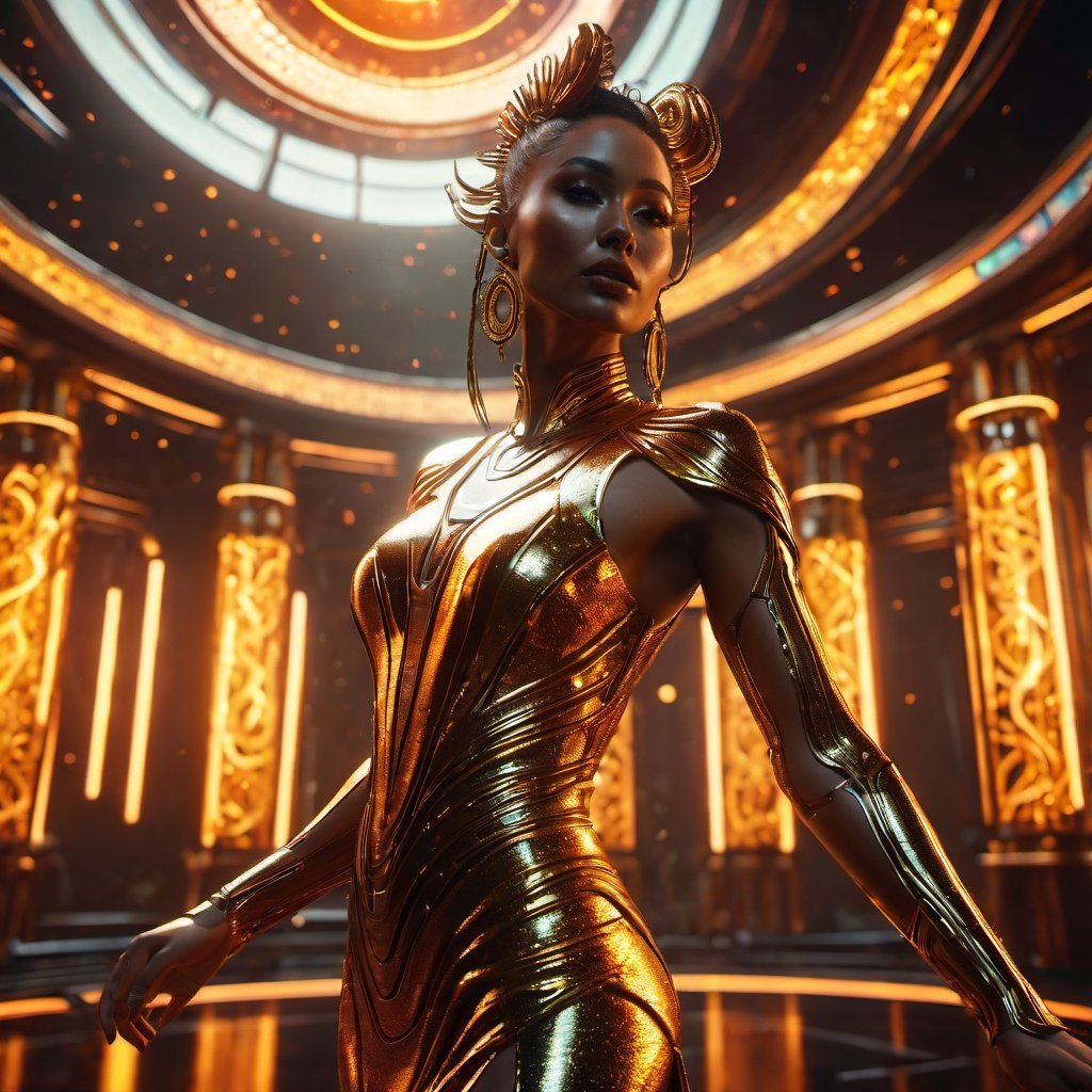 Amidst solar storms, a female being dances and floats through the universe. Background Divine palace, wide shot, ((armonius colors)). Digital_art, Extreme realism, (((extremely clear CG unity 8k, HD, UHD, 8k, Unreal Engine 5, Ray Tracing dlss 3.5, DirectX 12, high resolution, beautiful, aesthetic, cinematic, photo_realistic, hyperealistic, Epic, masterpiece, highly_detailed, extremely_detailed, ultra_detailed, hyper_detailed: bodies, heads, hair, faces, ears, eyebrows, eyes, pupils, irides, noses, mouths, lips, teeth, hands, limbs, legs, objects, skies, creaturs, fauna, shadows, lights rendering, textures, pixels, polygons, tassellation))), ((extremely clean image)), (clear background), Movie Still, Film Still, Sigma 30mm, HDR10+, Movie still, Film still. photo r3al,sea monster,undersea,boat,Soul_of_Cinder,Dancer_of_the_Boreal_Valley,knight,detailmaster2,photo r3al,cyberpunk style,cyberpunk