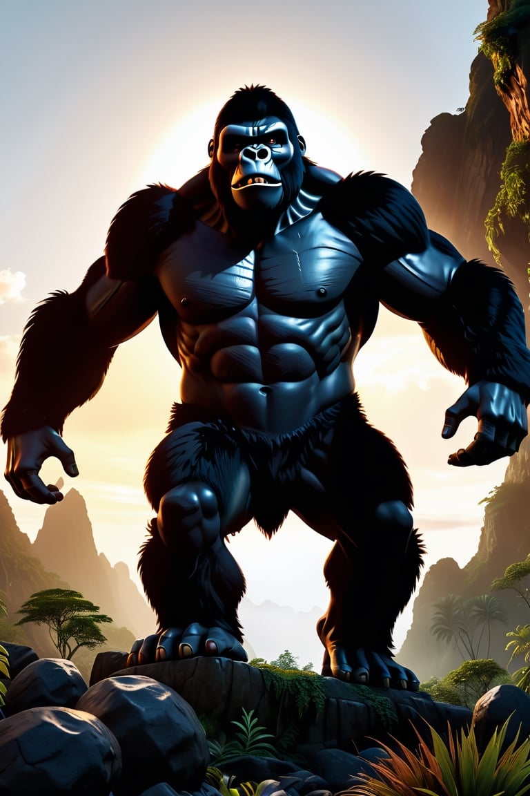 Imposing and majestic King Kong. Extreme wide shot (((totalbody))), Archaic face, Deep eyes, rude eyes, magnetic eyes, intricate body, beautiful detail and colours, hot colours, background Skull Island sunset. Digital_art, realism, (((extremely clear CG unity 8k, HD, UHD, 8k, Unreal Engine 5, Ray Tracing dlss 3.5, DirectX 12, high resolution, beautiful, aesthetic, cinematic, photo_realistic, hyperealistic, Epic, masterpiece, highly_detailed, extremely_detailed, ultra_detailed, hyper_detailed: body, head, hair, faces, ears, eyebrows, eyes, pupils, irides, noses, mouths, lips, teeth, hands, legs, objects, skies, shadow rendering, textures, pixels, polygons, tassellation))), ((extremely clean image)), (clear background), Movie Still, Film Still, Sigma 30mm, HDR10+, Movie still, Film sill, photo r3al.,photo r3al