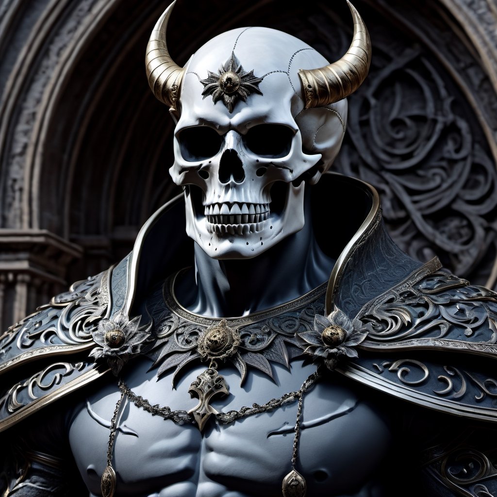 a close up of a statue of a sigma male, digital art, gothic art,beautiful elegant demon king, skull bust, intricate body, beautiful detail and color, sylvain sarrailh and igor morski, intricate costume design, detailed body,sigma dress, (High quality, cinematic, photo_realistic,  (detailed_background), (detailed colours); (highly-detailed, extremely-detailed, ultra-detailed, beautiful, aesthetic,, HD), (extremely clear CG unity 8k, 8k, masterpiece, best quality), (best shadow, best light, best texture), (clear background), ((enhance details, pixels, texture)) enhance body features, remove, enhance, sharpen, Movie Still, Film Still, ((perspective)), ((fullbody)), Sigma 30mm)