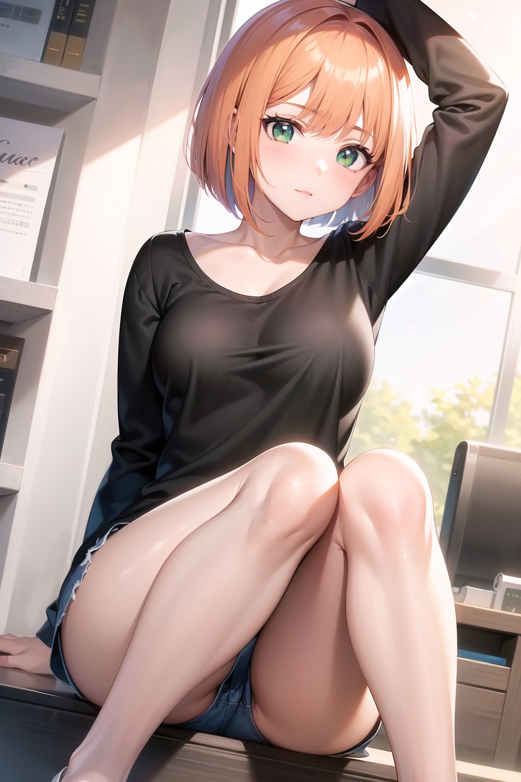 1girl, orange hair, shorts hair, Bob cut, green eyes, office, Office outifit, 