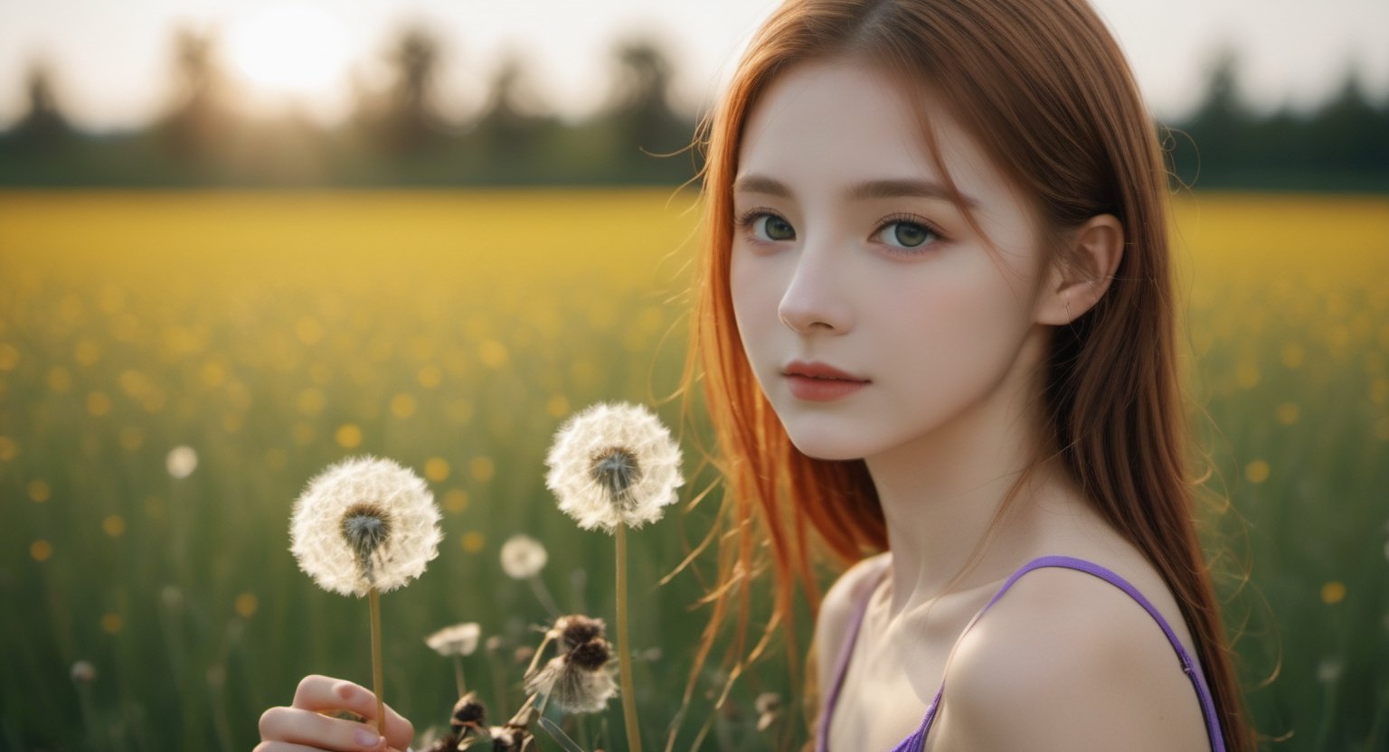 {4k image} 1 girl following, very bright backlight, solo, {big smiling eyes}, summer afternoon, dandelion field, light, sunset natural light, pigtail , 17 years old, smiling eyes, (half beautiful with red hair, half purple: 1.2), wavy hair, fragile lady, real hands,FilmGirl