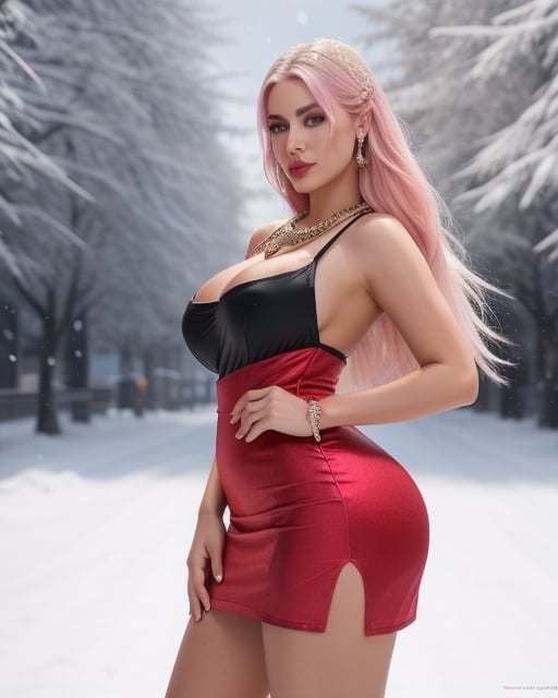 Beautiful woman, with long, straight platinum hair in a red and black dress, very real, hot curvy body, big buttocks and huge symmetrical breast, big hip, full body, perfect eyes, 4k, good-looking young female, tight slit mini skirt clothes, pretty woman in her 20s, long pink roots with platinum tips hair, beautiful detailed blue eyes, round earrings, pretty diamond necklace, slim curvy fugured woman, snowing vibrant background, Snowing in background, portrait of a women, realistic, ultra high details, symmetrical perfect face with perfect symmetrical red closed lips and beautiful eye catching eye lining, pretty and beautiful face, fancy tight sexy side slit dress, perfectly made hands and fingers, ultra high definition resolution, ultra 4K detailed eyes, pink roots and white ends hair, thin beautiful fingers with long beautiful nails, full body portrait, enjoying, lots of people at background, ultra sharp, perfect composition, beautiful detailed intricate insanely detailed octane render trending on, 8 k artistic photography, photorealistic concept art, soft natural