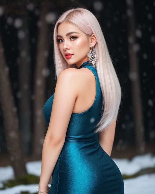 Beautiful Asian European woman, with long, straight platinum hair in a red and black dress, very real, hot curvy body, big buttocks and huge symmetrical breast, big hip, full body, perfect blue symmetrical eyes, 4k, good-looking young female, tight slit mini skirt clothes, pretty woman in her 20s, long pink roots with platinum tips hair, beautiful detailed blue color in both eyes, round earrings, pretty diamond necklace, slim curvy figured woman, snowing vibrant background, Snowing in background, portrait of a white women, realistic, ultra high details, symmetrical perfect face with perfect symmetrical red closed lips and beautiful eye catching eye lining, pretty and beautiful face, fancy tight sexy side slit dress, perfectly made hands and fingers, ultra high definition resolution, ultra 4K detailed eyes, pink roots and white ends hair, thin beautiful fingers with long beautiful nails, full body portrait, enjoying, lots of people at background, ultra sharp, perfect composition, beautiful detailed intricate insanely detailed octane render trending on, 8 k artistic photography, photorealistic concept art, soft natural