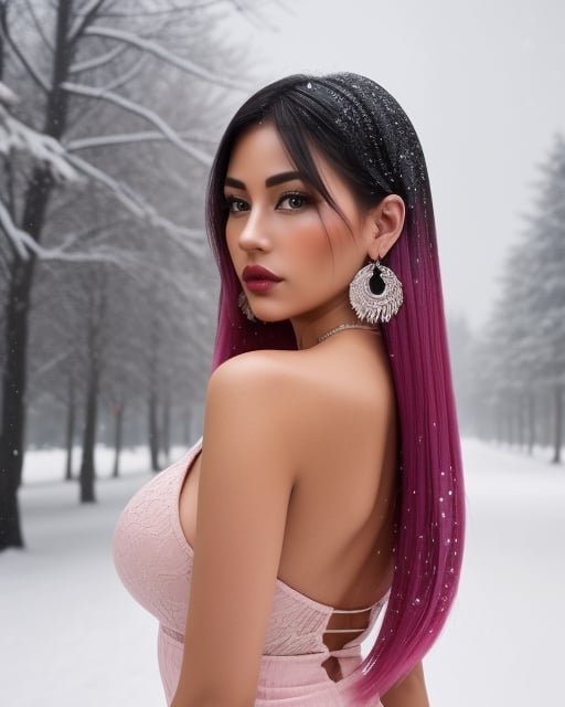 Beautiful Asian European woman, with long, straight platinum roots with pink tips hair, detailed blue eyes, full body, very real, hot curvy body, big buttocks and huge symmetrical breast, big hip, full body, perfect blue symmetrical eyes, 4k, good-looking young female, tight slit mini skirt clothes, pretty woman in her 20s, long pink roots with platinum tips hair, beautiful detailed blue color in both eyes, round earrings, pretty diamond necklace, slim curvy figured woman, snowing vibrant background, Snowing in background, portrait of a white women, realistic, ultra high details, symmetrical perfect face with perfect symmetrical red closed lips and beautiful eye catching eye lining, pretty and beautiful face, fancy tight sexy side slit dress, perfectly made hands and fingers, ultra high definition resolution, ultra 4K detailed eyes, pink roots and white ends hair, thin beautiful fingers with long beautiful nails, full body portrait, enjoying, lots of people at background, ultra sharp, perfect composition, beautiful detailed intricate insanely detailed octane render trending on, 8 k artistic photography, photorealistic concept art, soft natural