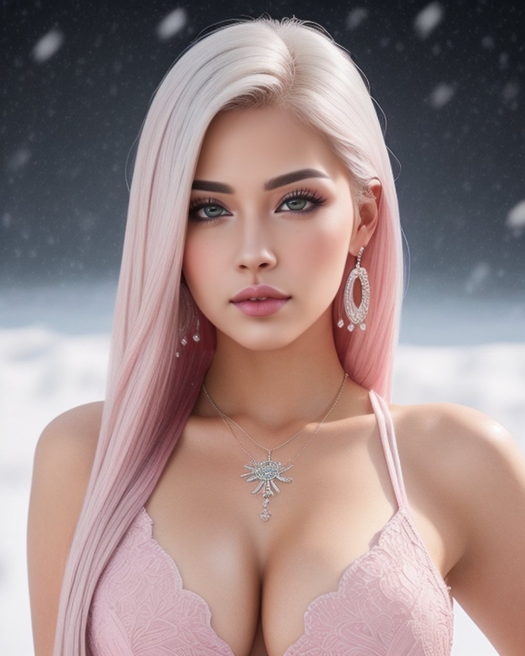 Beautiful Asian European woman, with long, straight platinum roots with pink tips hair, very real, hot curvy body, big buttocks and huge symmetrical breast, big hip, full body, perfect blue symmetrical eyes, 4k, good-looking young female, tight slit mini skirt clothes, pretty woman in her 20s, long pink roots with platinum tips hair, beautiful detailed blue color in both eyes, round earrings, pretty diamond necklace, slim curvy figured woman, snowing vibrant background, Snowing in background, portrait of a white women, realistic, ultra high details, symmetrical perfect face with perfect symmetrical red closed lips and beautiful eye catching eye lining, pretty and beautiful face, fancy tight sexy side slit dress, perfectly made hands and fingers, ultra high definition resolution, ultra 4K detailed eyes, pink roots and white ends hair, thin beautiful fingers with long beautiful nails, full body portrait, enjoying, lots of people at background, ultra sharp, perfect composition, beautiful detailed intricate insanely detailed octane render trending on, 8 k artistic photography, photorealistic concept art, soft natural