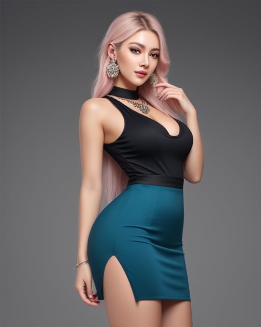 Beautiful Asian European woman, with long, straight platinum hair in a red and black dress, very real, hot curvy body, big buttocks and huge symmetrical breast, big hip, full body, perfect blue symmetrical eyes, 4k, good-looking young female, tight slit mini skirt clothes, pretty woman in her 20s, long pink roots with platinum tips hair, beautiful detailed blue color in both eyes, round earrings, pretty diamond necklace, slim curvy figured woman, snowing vibrant background, Snowing in background, portrait of a white women, realistic, ultra high details, symmetrical perfect face with perfect symmetrical red closed lips and beautiful eye catching eye lining, pretty and beautiful face, fancy tight sexy side slit dress, perfectly made hands and fingers, ultra high definition resolution, ultra 4K detailed eyes, pink roots and white ends hair, thin beautiful fingers with long beautiful nails, full body portrait, enjoying, lots of people at background, ultra sharp, perfect composition, beautiful detailed intricate insanely detailed octane render trending on, 8 k artistic photography, photorealistic concept art, soft natural