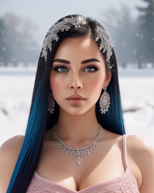 Beautiful Asian European woman, with long, straight platinum roots with pink tips hair, detailed blue eyes, full body, very real, hot curvy body, big buttocks and huge symmetrical breast, big hip, full body, perfect blue symmetrical eyes, 4k, good-looking young female, tight slit mini skirt clothes, pretty woman in her 20s, long pink roots with platinum tips hair, beautiful detailed blue color in both eyes, round earrings, pretty diamond necklace, slim curvy figured woman, snowing vibrant background, Snowing in background, portrait of a white women, realistic, ultra high details, symmetrical perfect face with perfect symmetrical red closed lips and beautiful eye catching eye lining, pretty and beautiful face, fancy tight sexy side slit dress, perfectly made hands and fingers, ultra high definition resolution, ultra 4K detailed eyes, pink roots and white ends hair, thin beautiful fingers with long beautiful nails, full body portrait, enjoying, lots of people at background, ultra sharp, perfect composition, beautiful detailed intricate insanely detailed octane render trending on, 8 k artistic photography, photorealistic concept art, soft natural