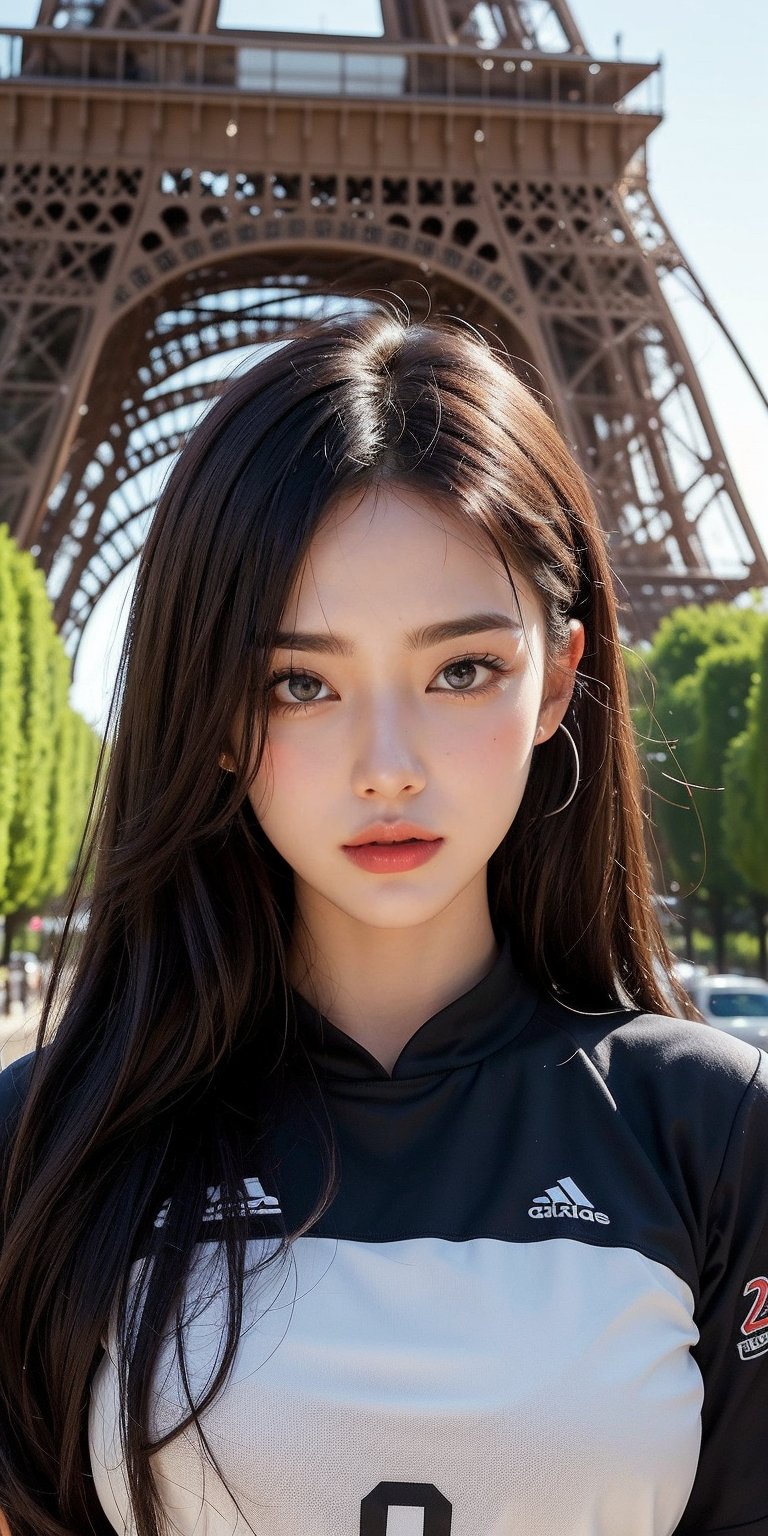 A stunning woman wearing a sleek UAS volleyball team uniform stands confidently, her gaze locking onto the viewer. Soft lighting accentuates her features as she poses in a Parisian setting, perhaps at the iconic Eiffel Tower or Champ de Mars, with the City of Light's skyline serving as a majestic backdrop.