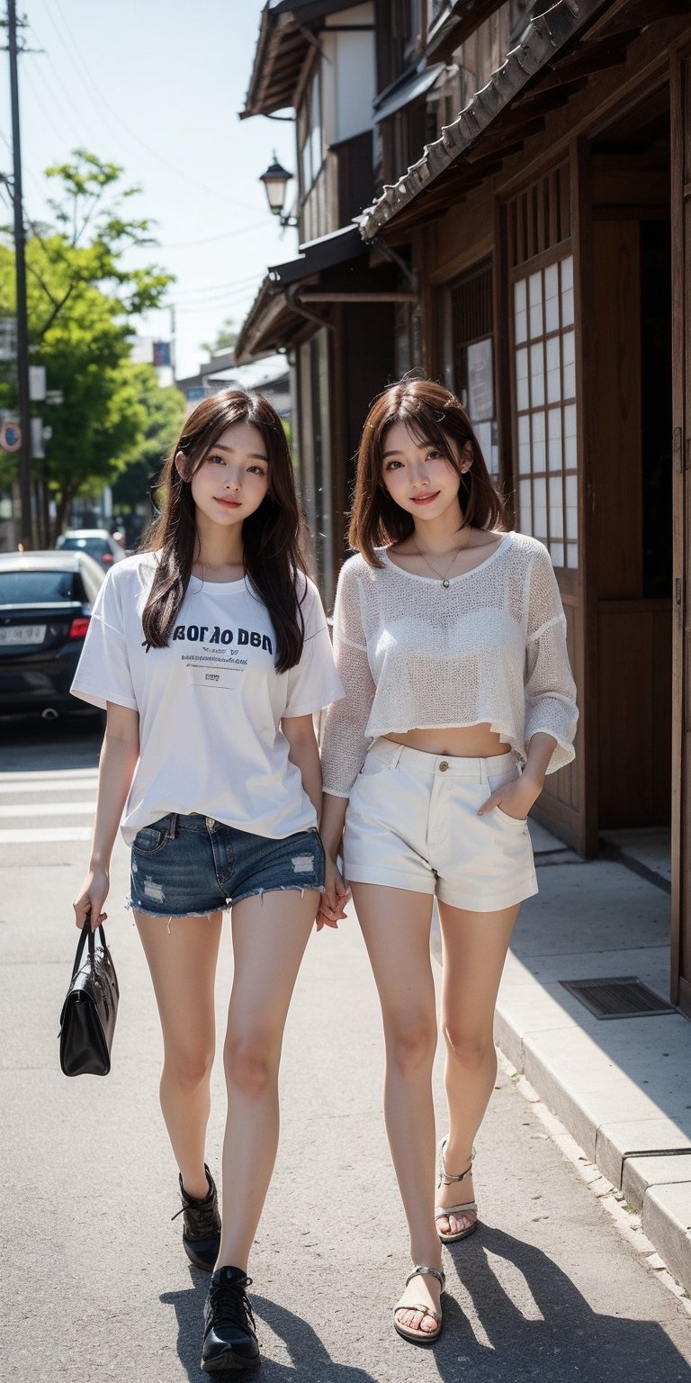 The two Japanese girls, wearing relaxed and natural clothes, looked slightly towards the camera, their hair was naturally flowing, their bodies turned slightly towards the camera, they winked mischievously, then smiled sweetly and walked forward.