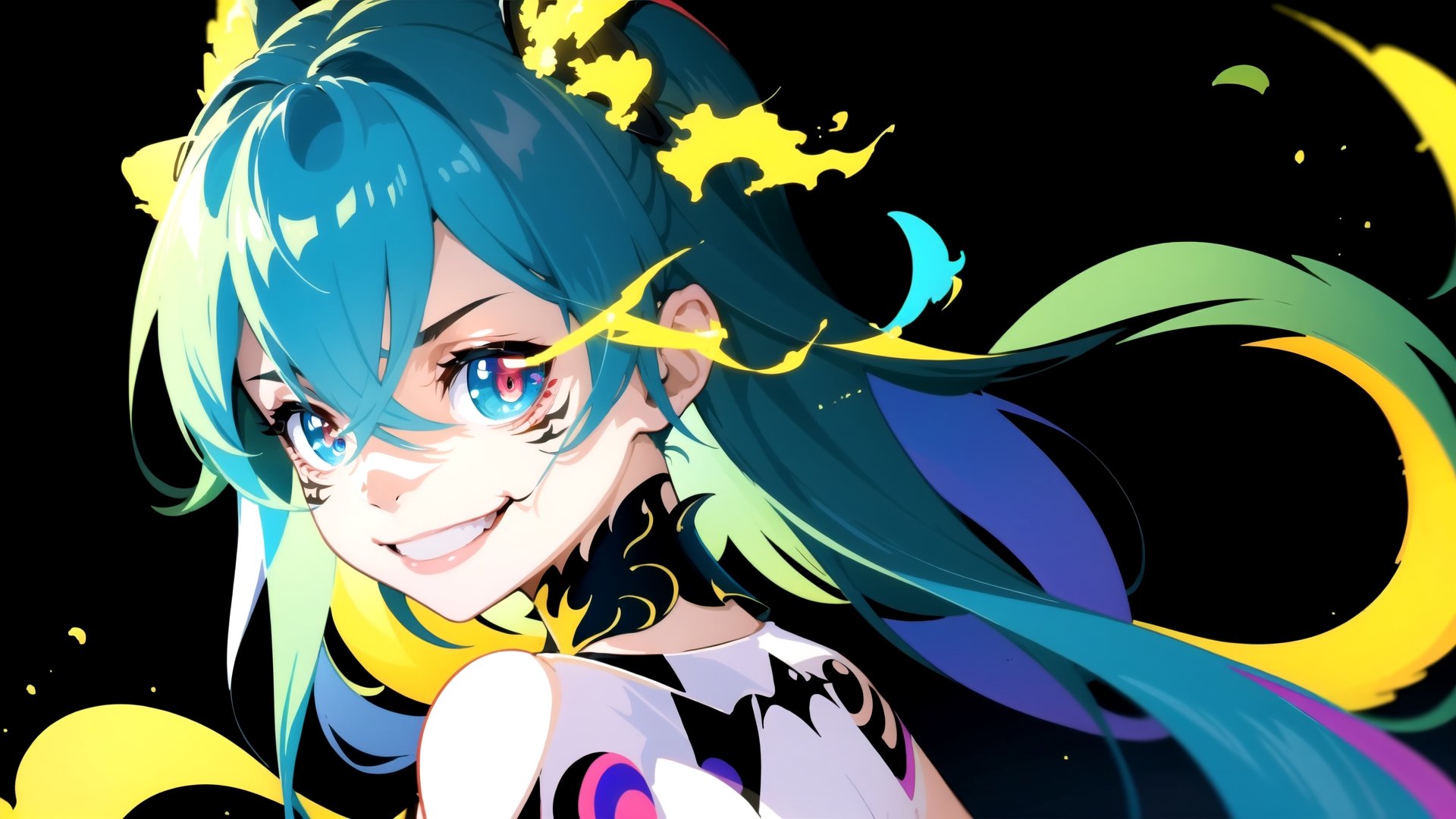 masterpiece, best quality, anzhcmiku, 1girl, upper body, simple backgorund, black background, flaming eye, sukunatattoo, smiling