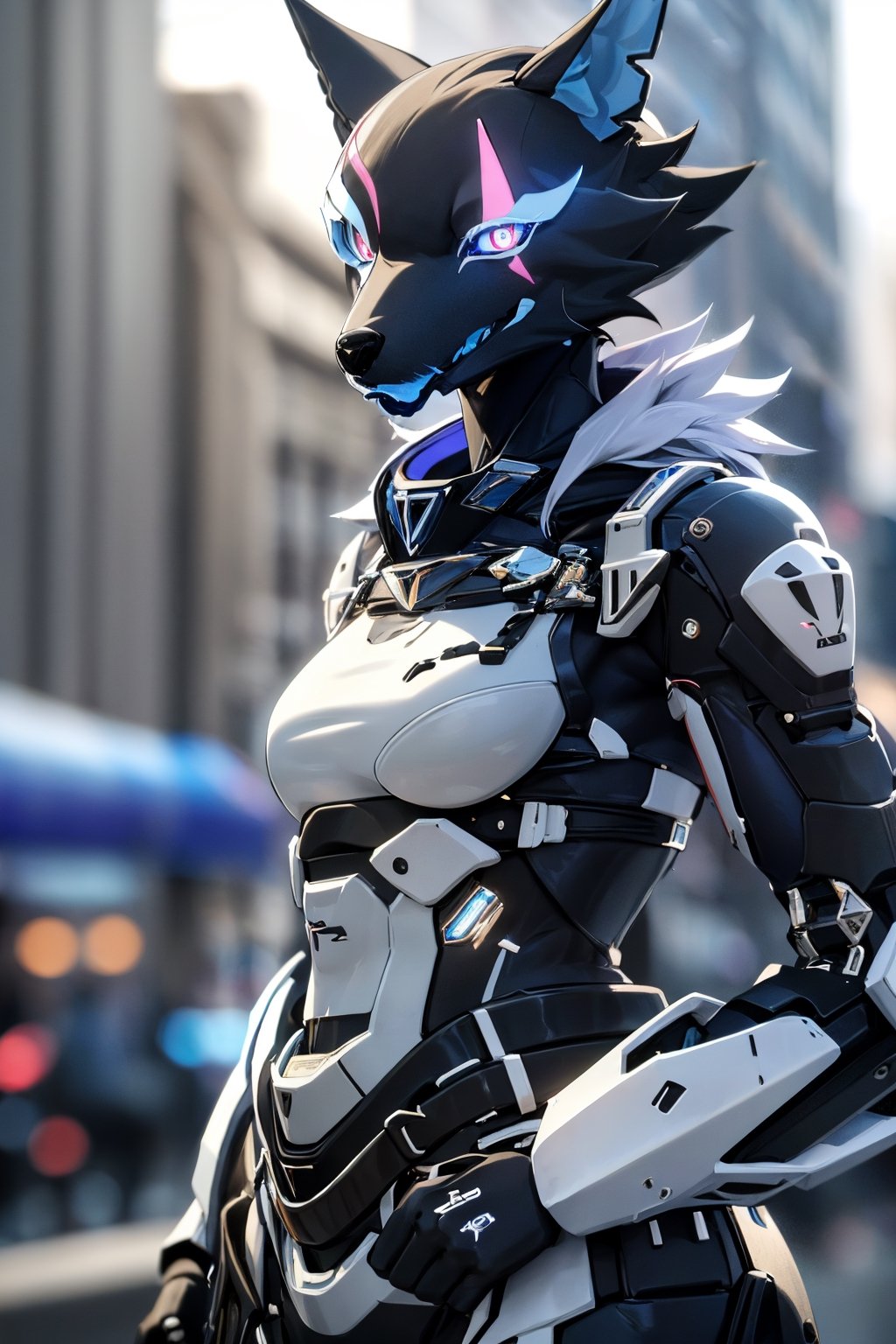 RAW photo, Best picture quality, high resolution, HDR, highres, (absurdres:1.2), realistic, sharp focus, realistic image of elegant furry anthro woman, beauty, supermodel, pure white hair, red eyes, wearing high-tech cyberpunk style blue mecha suit, radiant Glow, sparkling suit, mecha, perfectly customized high-tech suit, ice theme, custom design, 1 girl,furry, anthro, wolf,black fur, body fur, wolf face, blue tongue,pink eyes, blue sclera,eye scar, scar across face,collar, wolf girl, furry wolf, swordup, looking at viewer, robot,  lens flare, (vibrant color:1.2),1girl, hourglass body shiape,highwire