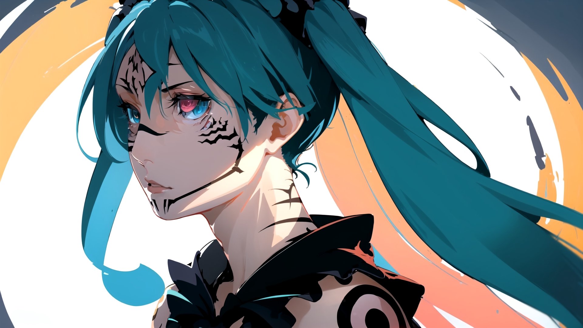 masterpiece, best quality, anzhcmiku, 1girl, upper body, simple backgorund, black background, flaming eye, sukunatattoo,anzhcmiku