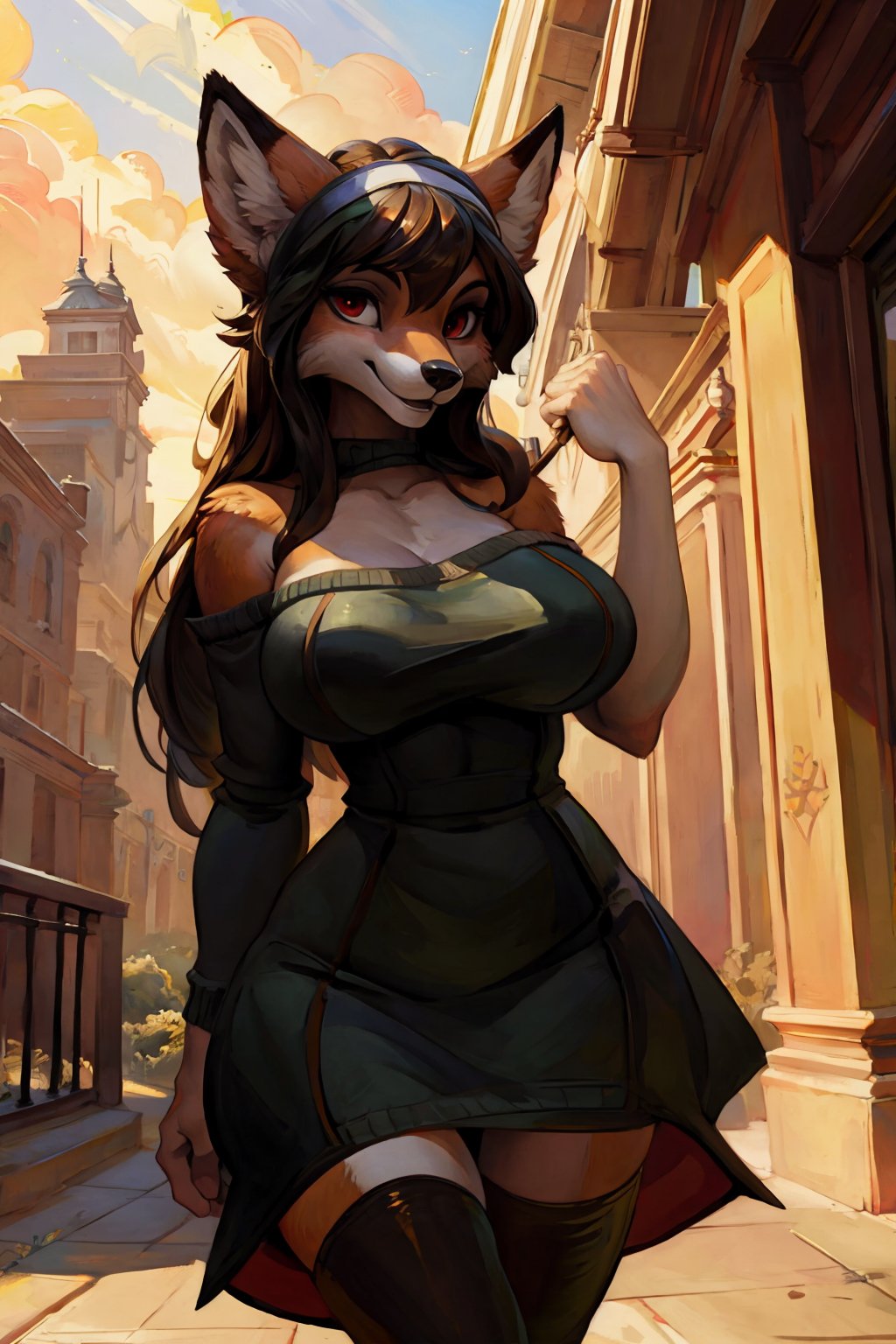 Uploaded on e621, by Pixelsketcher, by Bayard Wu, by Thomas Benjamin Kennington, by Einshelm, Solo, furry, anthro, fox, fox, Yor forger as a anthro fox with her assassin dress, yellow fur, white fur, fox ears, fox face, fox nose, red eyes, ((detailed fur)), ((fluffy body)), ((fluffy)), ((red eyes)), black eye liner, ((detailed eyes)), ((perfect eyes)),(detailed Bonifasko lighting), (detailed fur), (detailed skin), (cinematic lighting), (half shadow), (backlighting), (crepuscular ray), [detailed ambient light], [grey natural light], [ambient light], (higher wildlife feral detail), [sharp focus], ((masterpiece)), regular_breasts, (black long hair), perfect_eyes, perfect_body, outdoors, detailed city background, perfect_hands, tail , facing_viewer, potrait view, upper body portrait, standing, in a perfect black dress, perfect black dress, seductive look,bbyorf, short hair with long locks,white hairband,black pantyhose, long sleeves, sweater dress,red sweater, off shoulder, jewelry,large breasts, gold earrings