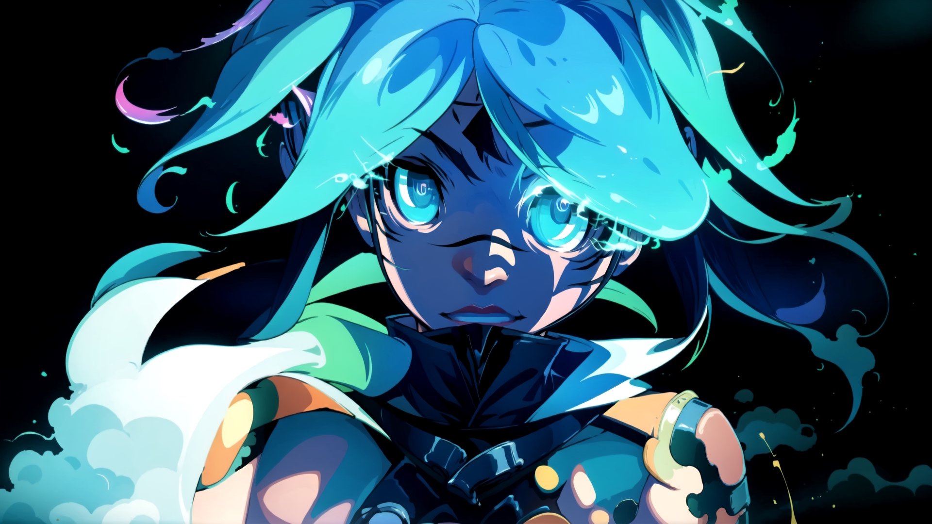 masterpiece, best quality, anzhcmiku, 1girl, upper body, simple backgorund, black background, flaming eye, sukunatattoo, anzhcmiku