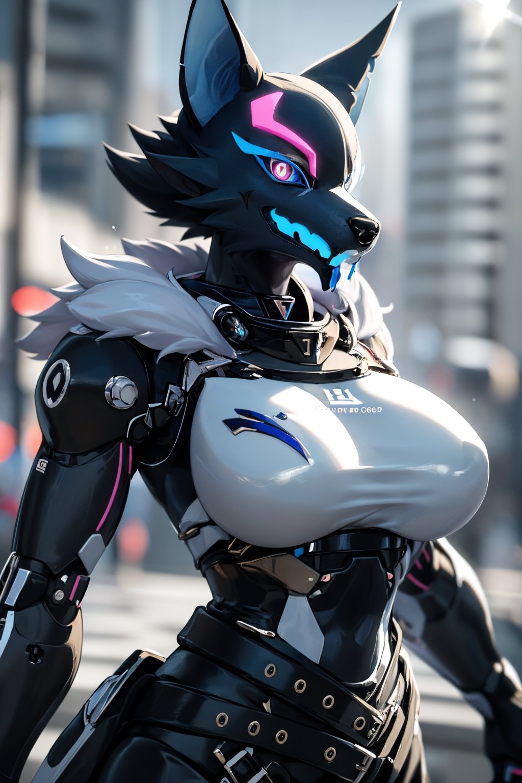 RAW photo, Best picture quality, high resolution, HDR, highres, (absurdres:1.2), realistic, sharp focus, realistic image of elegant furry anthro woman, beauty, supermodel, pure white hair, red eyes, wearing high-tech cyberpunk style blue mecha suit, radiant Glow, sparkling suit, mecha, perfectly customized high-tech suit, ice theme, custom design, 1 girl,furry, anthro, wolf,black fur, body fur, wolf face, blue tongue,pink eyes, blue sclera,eye scar, scar across face,collar, wolf girl, furry wolf, swordup, looking at viewer, robot,  lens flare, (vibrant color:1.2),1girl, hourglass body shiape,highwire