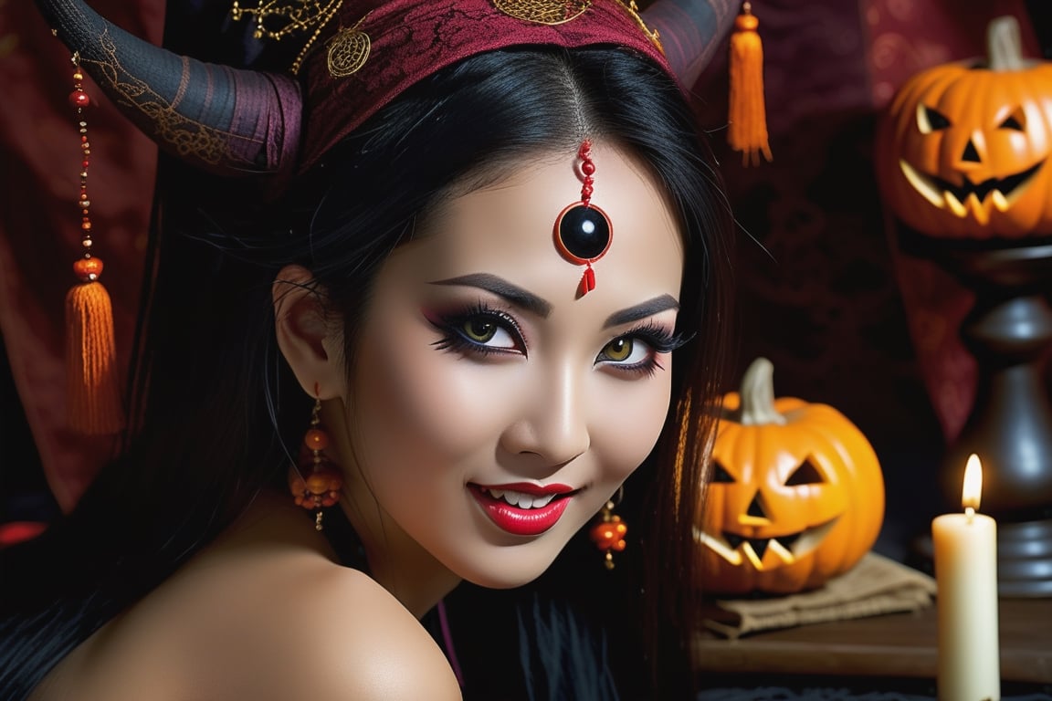 i'll put a spell on you, taunting  greedy eagerly possesssive lovable aroused Oriental spellcaster, detailed soulful piercing  eyes, greedy look, eyes locked on the viewer, evil lustful smile, lips parting sensual , Halloween atmosphere, fit to frame, photo-realistic,