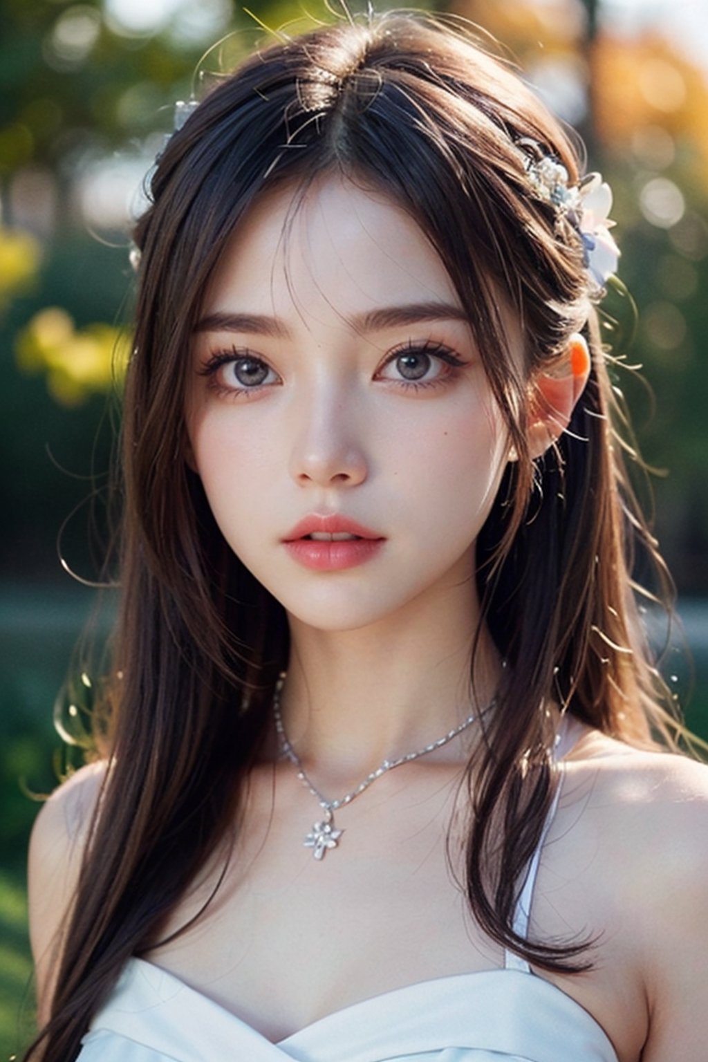 Front view , Autumn style, yellow flowers blooming, depth of field, lighting bokeh as background, pink and white long Boss dress, 1girl, snow-white delicate skin, long light brown curly hair, and a silver hairpin on her head. The eyes are a deep lavender color big and charming, wearing pink and white long Boss dress, and long scaf, Wrap around the neck and cover the chest, full of mysterious stories. With pale pink lips, charming and cute. FilmGirl, xxmix_girl, detailed eyes, perfact eyes, mouth small, 3d style, light bokeh backgroud,3d style,isni,Movie Still,3d,3d render,dream_girl