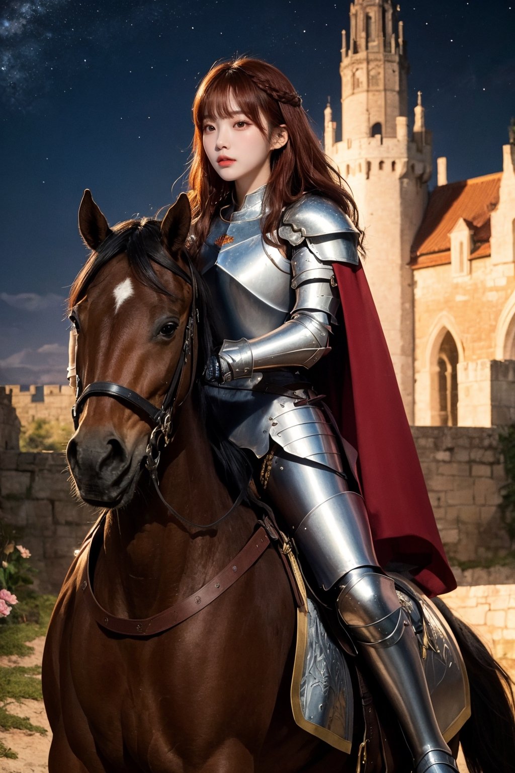 best quality,masterpiece,intricate details,perfect hand,
(a pretty korean girl),wavy red_hair with airy bangs,
wearing a knight armor with cape, 
background at medieval castle,(milkyway:1.2),
(fantasy,medieval),

riding a horse,female knight,
full body,
