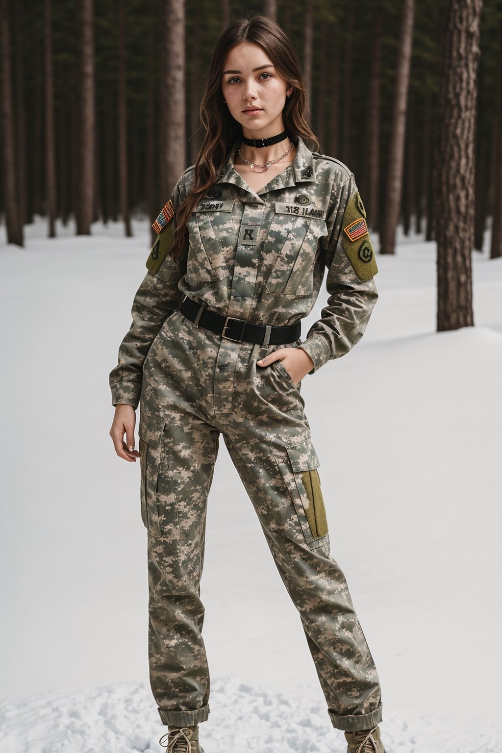 photograph, full body, 18yo woman, woman in army wearing special forces clothes, sexy army girl, army clothes, winter camouflage stylish outfit, realistic skin, woman posing with her feet in front presenting her feet on the photo, realistic face, super realistic fingers, realisric fingernails, posing in snowy forest with snowmobile in background, real model face, real life face, ultra detailled face and skin, beautiful feet, barefeet, foot model, nose piercing, woman wearing a nose piercing, long stylish hair, rachel cook look alike, stylish haircut, stylish hairstyle, russian, japanese, swedish, mixed race, young, dramatic lighting, medium hair, detailed face, detailed nose, cleavage, freckles, collar or choker, smirk, tattoo, intricate background
,realism,realistic,raw,woman,photorealistic,realism