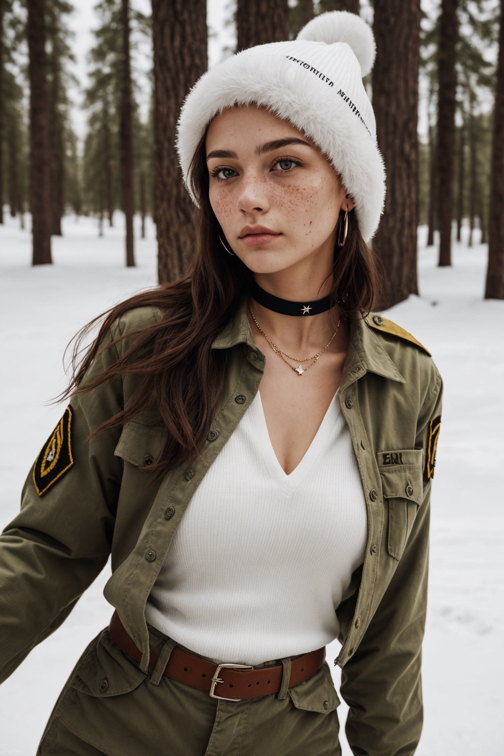 photograph, full body, 18yo woman, woman in army wearing special army clothes, sexy girl wearing traditional russian winter hat, realistic skin, woman posing with her feet in front presenting her feet on the photo, realistic face, super realistic fingers, realisric fingernails, posing in snowy forest with snowmobile in background, real model face, real life face, ultra detailled face and skin, beautiful feet, barefeet, foot model, nose piercing, woman wearing a nose piercing, long stylish hair, rachel cook look alike, stylish haircut, stylish hairstyle, russian, japanese, swedish, mixed race, young, dramatic lighting, medium hair, detailed face, detailed nose, cleavage, freckles, collar or choker, smirk, tattoo, intricate background
,realism,realistic,raw,woman,photorealistic,realism