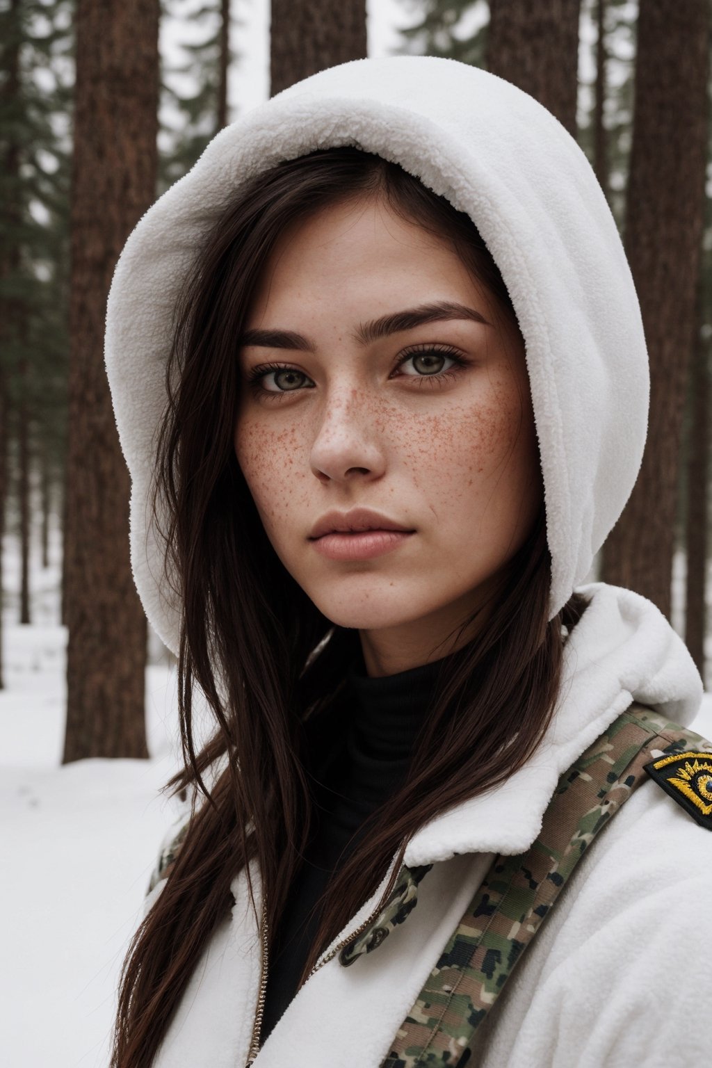 photograph, full body, 18yo woman, woman in army wearing special army clothes, sexy girl wearing realistic ushanka, realistic skin, woman posing with her feet in front presenting her feet on the photo, realistic face, super realistic fingers, realisric fingernails, posing in snowy forest with snowmobile in background, real model face, real life face, ultra detailled face and skin, beautiful feet, barefeet, foot model, nose piercing, woman wearing a nose piercing, long stylish hair, rachel cook look alike, stylish haircut, stylish hairstyle, russian, japanese, swedish, mixed race, young, dramatic lighting, medium hair, detailed face, detailed nose, cleavage, freckles, collar or choker, smirk, tattoo, intricate background
,realism,realistic,raw,woman,photorealistic,realism