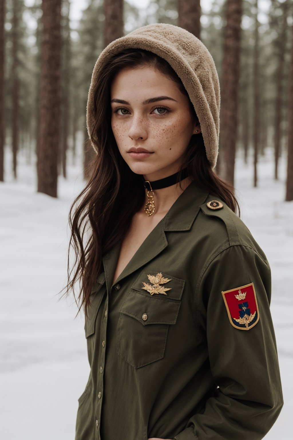 photograph, full body, 18yo woman, woman in army wearing special army clothes, sexy girl wearing russian ushanka, realistic skin, woman posing with her feet in front presenting her feet on the photo, realistic face, super realistic fingers, realisric fingernails, posing in snowy forest with snowmobile in background, real model face, real life face, ultra detailled face and skin, beautiful feet, barefeet, foot model, nose piercing, woman wearing a nose piercing, long stylish hair, rachel cook look alike, stylish haircut, stylish hairstyle, russian, japanese, swedish, mixed race, young, dramatic lighting, medium hair, detailed face, detailed nose, cleavage, freckles, collar or choker, smirk, tattoo, intricate background
,realism,realistic,raw,woman,photorealistic,realism