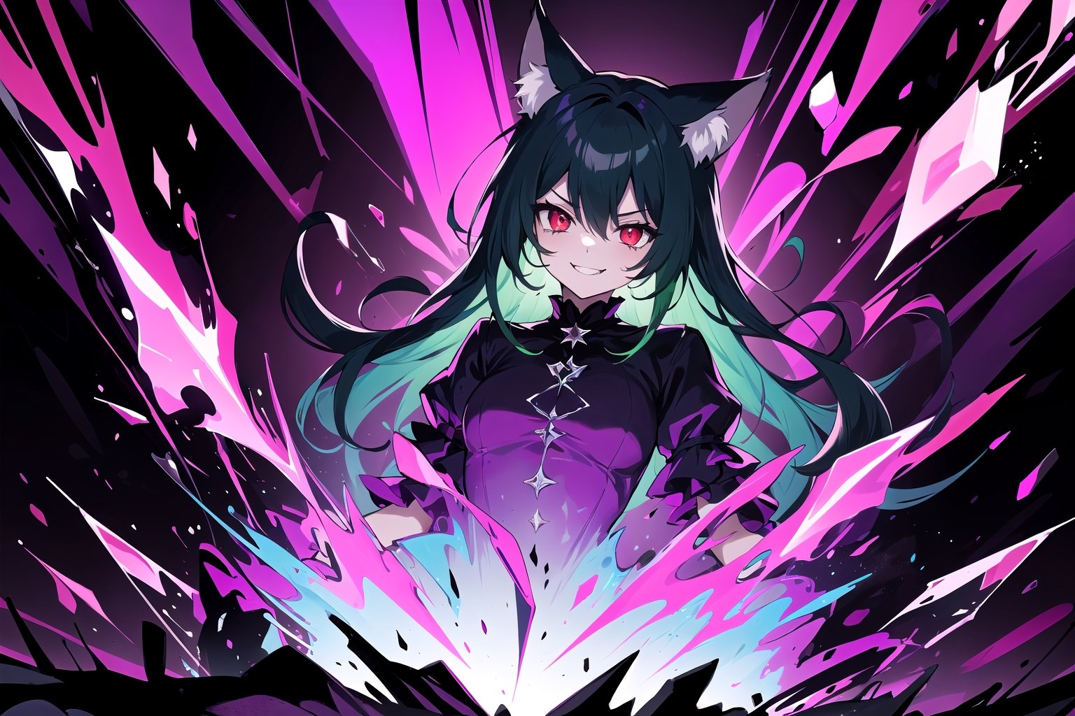 1girl,solo,cat ears, animal ears,green hair, middle hair,small breasts,red eyes, glowing,glowing eyes,gothic_lolita,gothic,evil smile,crazy smile,(abstract art:1.3,psychedelia theme:1.2),castle background ,glass fragments, (glass splinter in the air:1.1)