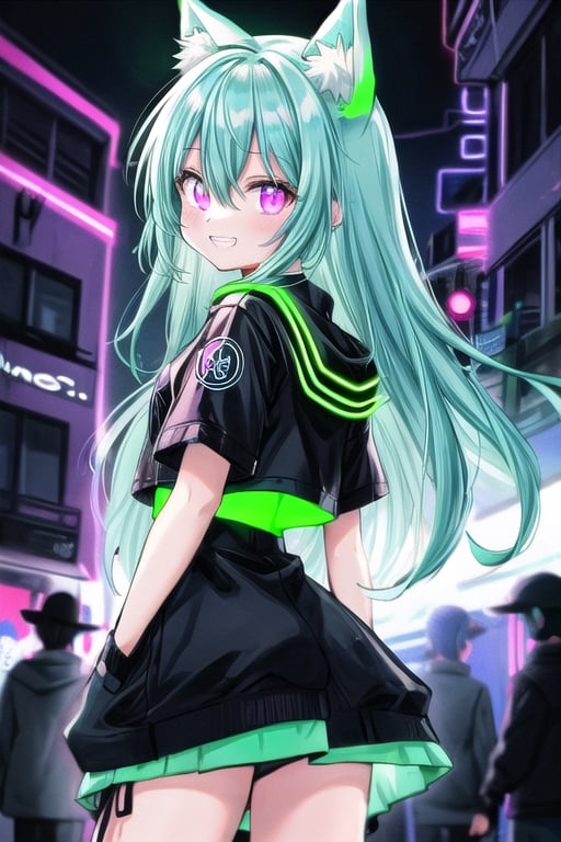 anime girl is wearing black, 2girl, animal ears, smile, green hair,neon coat, long hair, glowing, grin,back to back, glowing eye, black jacket,:), short sleeves, hair between eyes, bangs,night street,cowboy shot,neon,(neon palette:1.5),vignetting,halo