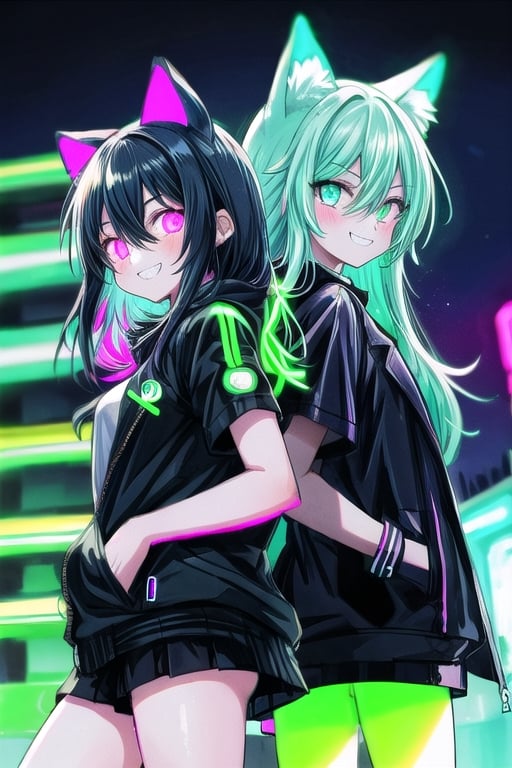 anime girl is wearing black, 2girl, animal ears, smile, green hair,neon coat, long hair, glowing, grin,back to back, glowing eyes, black jacket,:), short sleeves, hair between eyes, bangs,night street,cowboy shot,neon,(neon palette:1.5),vignetting