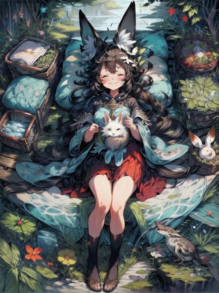 best quality, masterpiece, illustration, 1 girl, solo, full body, blank background, (Fantasy world style: 1.1), (Animal ear: 1.1), tail, (Cute style: 1.1), fish, dragon, bird, cat, rabbit, mouse, butterfly, fox, downy, closed eyes,sleeping,night,light smile,cute