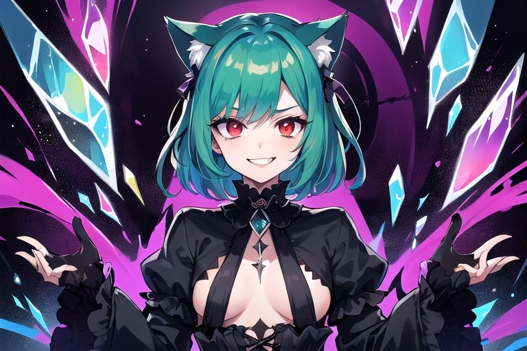 1girl,solo,cat ears, animal ears,green hair, middle hair,small breasts,red eyes, glowing,glowing eyes,gothic_lolita,gothic,evil smile,crazy smile,(abstract art:1.3,psychedelia theme:1.2),castle background ,glass fragments, ((glass splinter in the air))