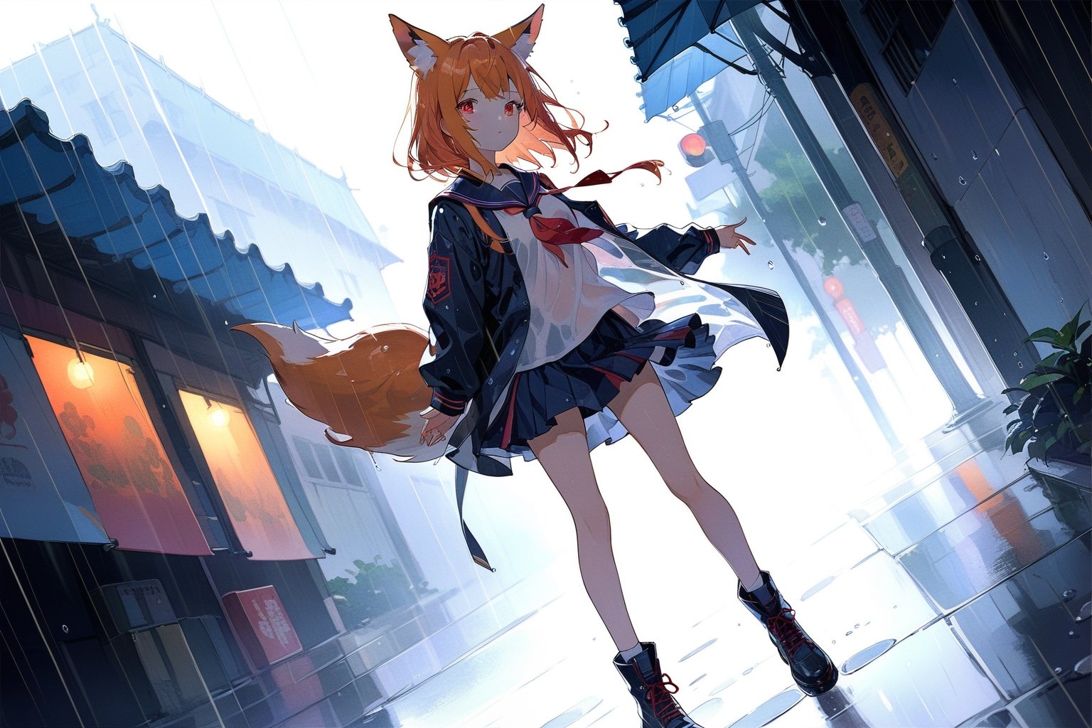 dynamic angle, raining, heavy rain,blurry_background,seifuku,wet_clothing, solo, animal ears,fox ears, orange hair,red eyes, glowing eyes,full body ,masterpiece, best quality, aesthetic