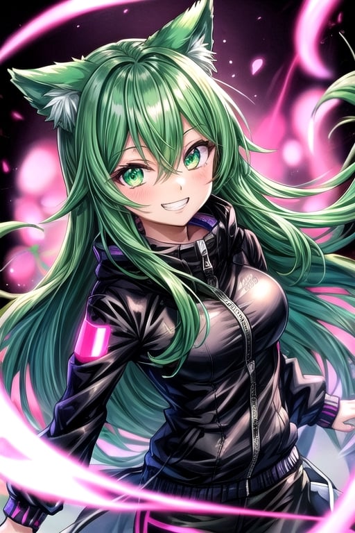 anime girl with bright green eyes is wearing black and neon pink, 1girl, solo, animal ears, smile, green hair, jacket, long hair, glowing, grin, looking at viewer, glowing eyes, black jacket, red eyes, long sleeves, hair between eyes, bangs