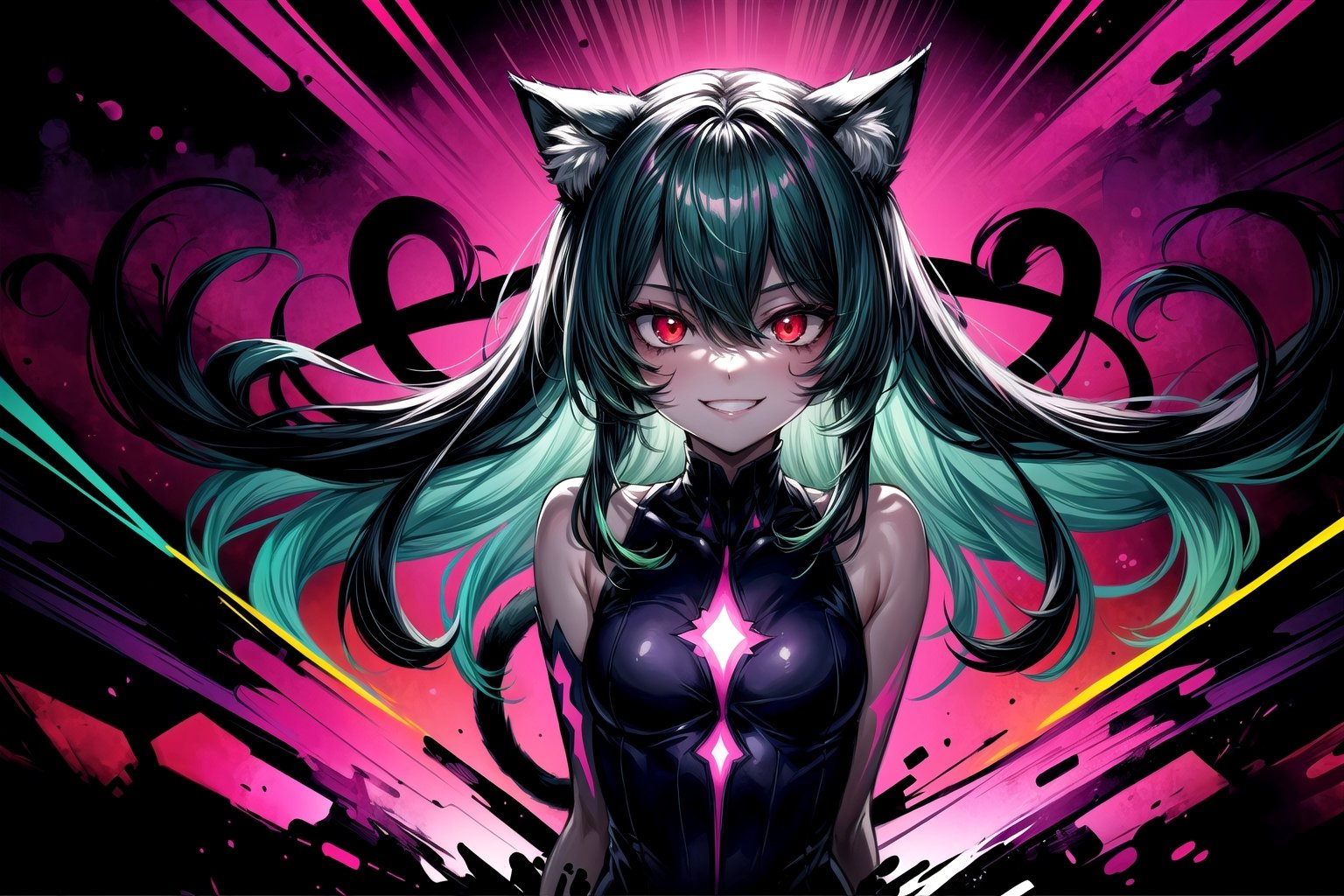 1girl,solo,cat ears, animal ears,green hair, middle hair,small breasts,red eyes, glowing,glowing eyes,evil smile,crazy smile,(abstract art:1.3,psychedelia theme:1.2)