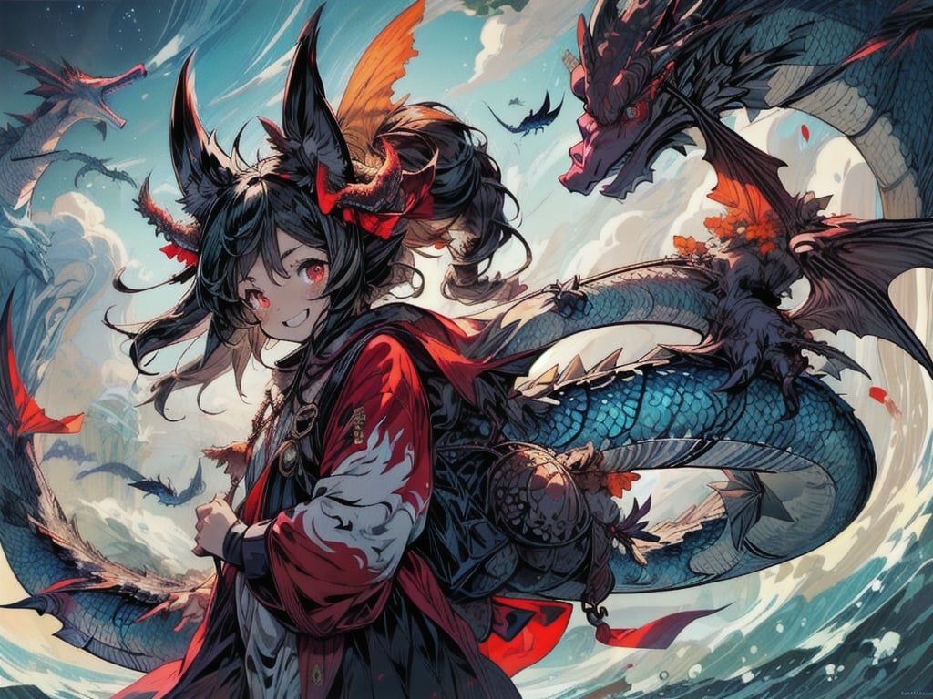 best quality, masterpiece, illustration, 1 girl, solo, (Animal ear: 1.1), dragon ears, dragon tail,dragon wings,(dragon scales:1.2), dragon girl, dragon, downy,red eyes, glowing eyes, crazy smile, flying 