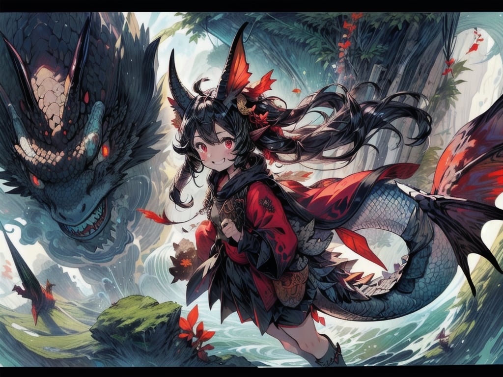 best quality, masterpiece, illustration, 1 girl, solo, (Animal ear: 1.1), dragon ears, dragon tail,dragon wings,(dragon scales:1.2), dragon girl, dragon, downy,red eyes, glowing eyes, crazy smile, flying, waving wings