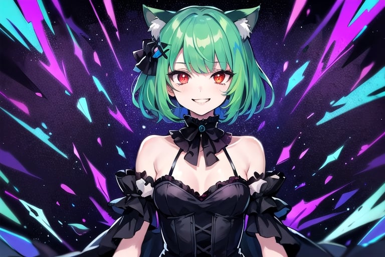 1girl,solo,cat ears, animal ears,green hair, middle hair,small breasts,red eyes, glowing,glowing eyes,gothic_lolita,gothic,evil smile,crazy smile,(abstract art:1.3,psychedelia theme:1.2),castle background ,glass fragments, (glass splinter in the air:1.1),upper_body