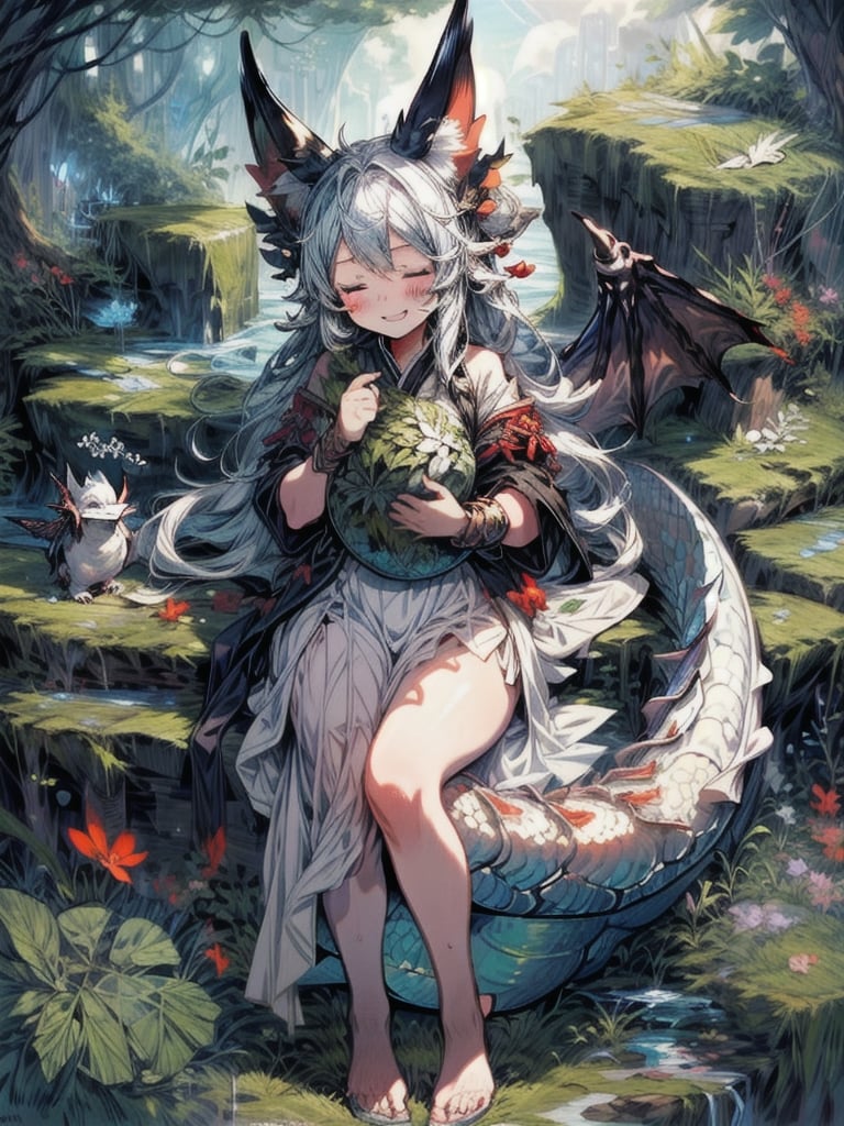 best quality, masterpiece, illustration, 1 girl, solo, full body, blank background, (Animal ear: 1.1), dragon eats, dragon tail,dragon wings,(dragon scales:1.2), dragon girl, dragon, downy, closed eyes,sleeping,light smile,cute,girl