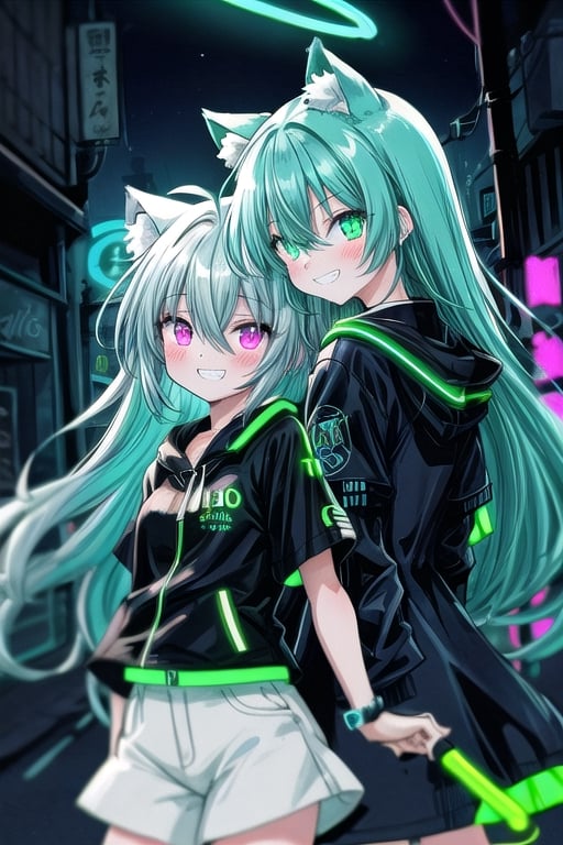 anime girl is wearing black, 2girl, animal ears, smile, green hair,neon coat, long hair, glowing, grin,back to back, glowing eye, black jacket,:), short sleeves, hair between eyes, bangs,night street,cowboy shot,neon,(neon palette:1.5),vignetting,halo