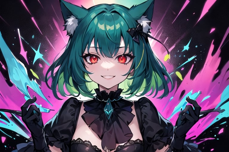 1girl,solo,cat ears, animal ears,green hair, middle hair,small breasts,red eyes, glowing,glowing eyes,gothic_lolita,gothic,evil smile,crazy smile,(abstract art:1.3,psychedelia theme:1.2),castle background ,glass fragments, (glass splinter in the air:1.1)