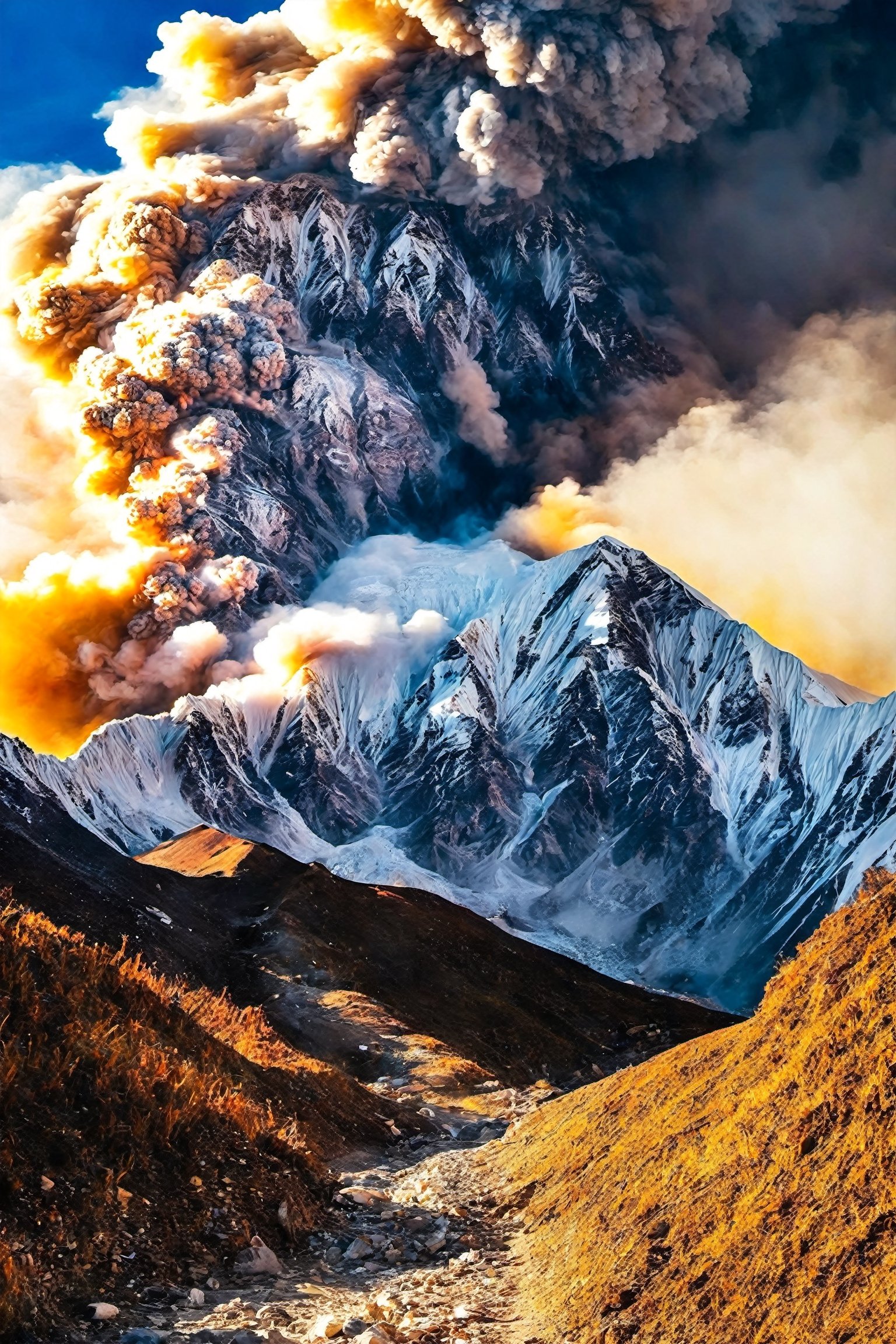 Himalayas, explosion on top of mountain,nature,Explosion Artstyle