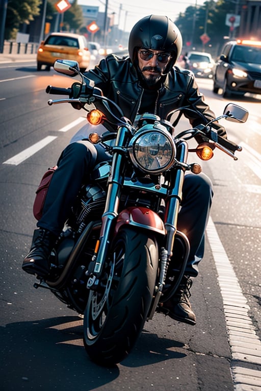 The 2023 Harley-Davidson® Sportster® S Vivid Black depicts a man speeding down the highway on a motorcycle equipped with a 1000-horsepower engine. For the man's face, draw a mustache and beard,
The motorcycle engine makes a loud noise and travels at the speed of light.
Vivid colors, the motorcycle doesn't stop and goes very fast.
Create an exciting scene themed around the summer season.
Depicting the majesty of the man, wearing sunglasses, immersed in the beam and obsession, (((the front light of the motorcycle turns on brightly))).
   The camera is far away from the man,