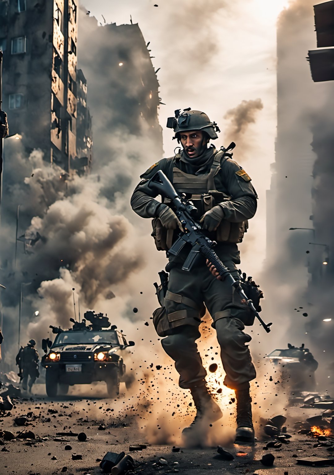 (Highest quality, 8k, 32K UHD, high resolution, masterpiece: 1.2), ultra detail, surreal, war-torn city, desolate city, polluted air, thick fog, 4k, 8k, movie lighting, Detail Master 2, explosion, Smoke, car explosions, spattering fragments, fierce shooting, bullets and shells galore. Terrorist soldier shoots.