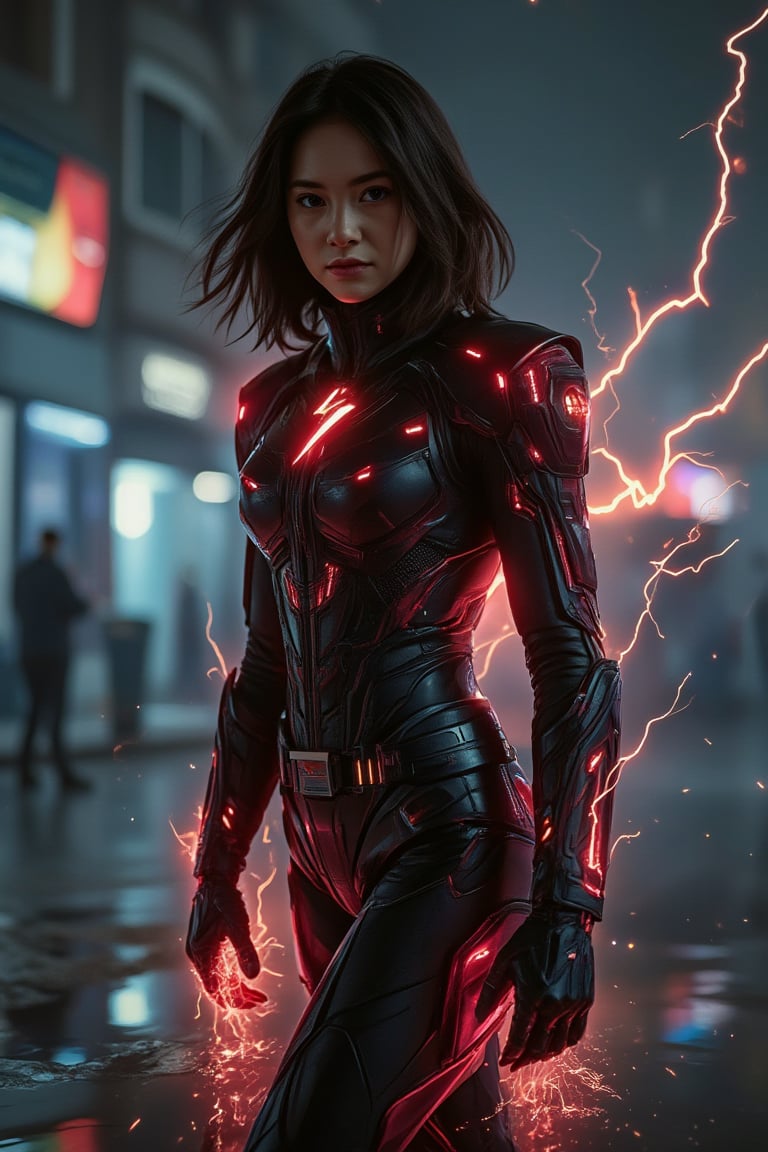 ((realistic, cinematic style)),
night scene, (shot of a 30 yo beautiful woman wearing cybernetic "the flash" mecha costume, mask off), no mask, athletic, (overloaded energy flashes across her entire body and discharges into small blurry lightning flashes:1.4), (skinny body:1.4), night city, (mist:0.2), highest quality, lighting particles, light rain, breasts, (large breasts:1.5), night, outdoors, rain, dark atmosphere, detailed background, masterpiece, flowing hair, moody, without mask, perfect face, perfect skin, ambient lighting, perfect shading, volumetric shading, subsurface scattering, dynamic pose, dynamic movement, ((empty hands)),cyborg 